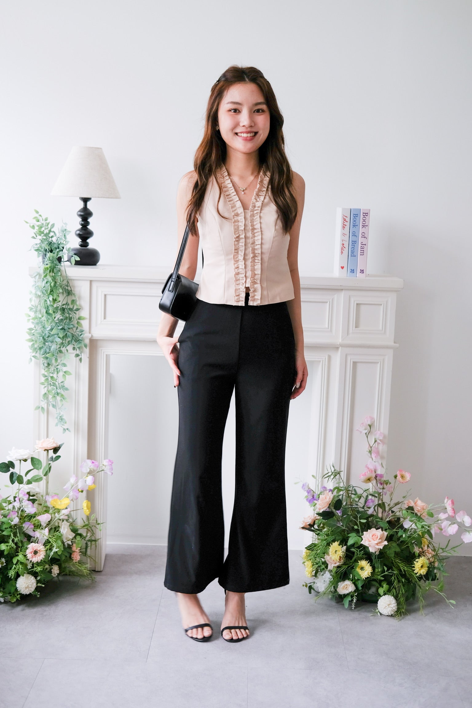 Evangeline Frills V Neck Top (Beige)