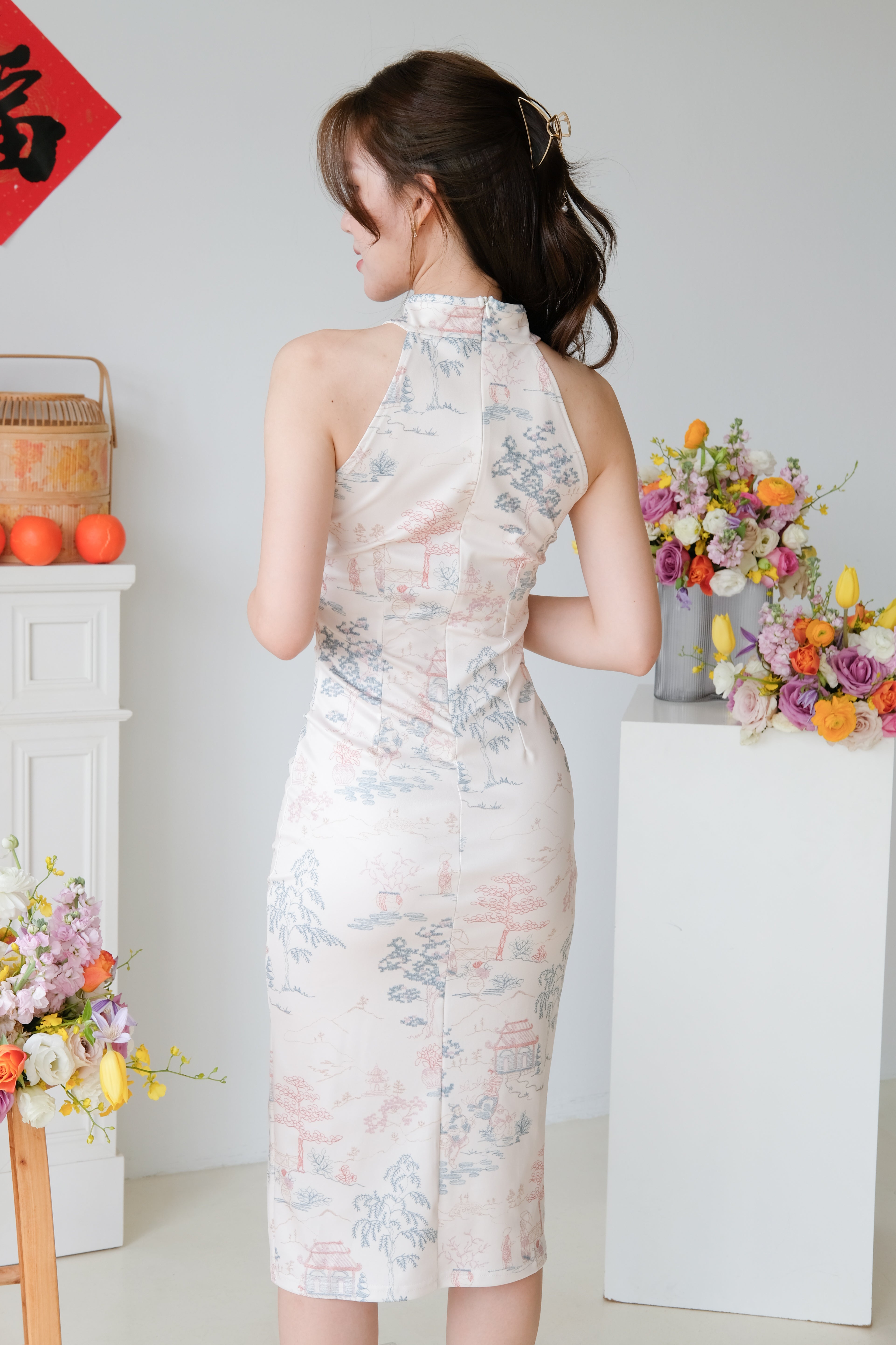 Jing Halter Slit Midi Cheongsam (Cream)