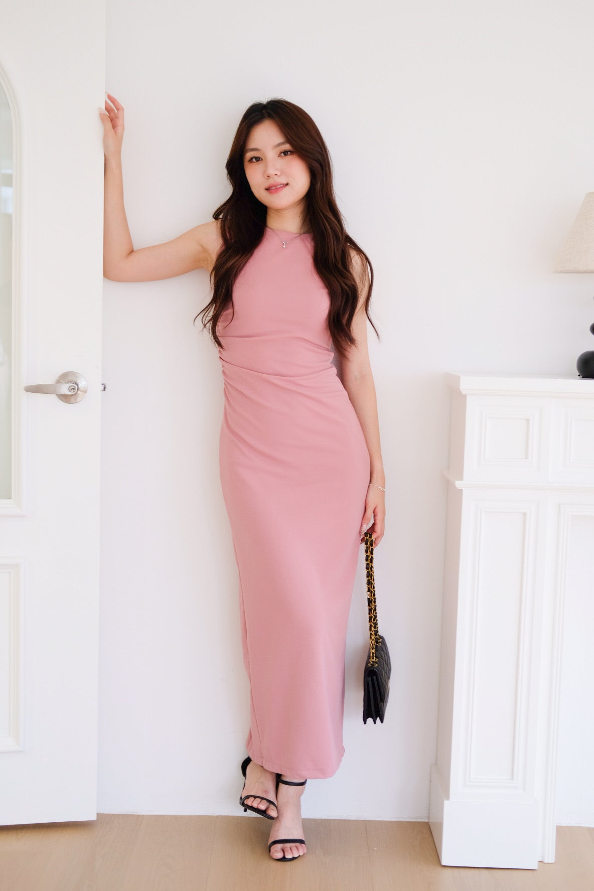 Brianna Ruched Jewel Bodycon Maxi Dress (Rouge Pink)