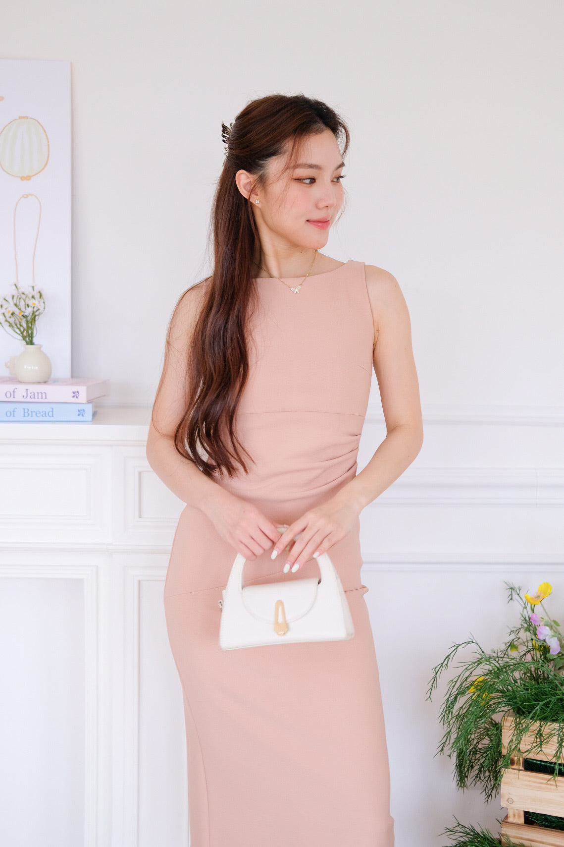 Felicia Boatneck Ruched Maxi Dress (Nude Pink)