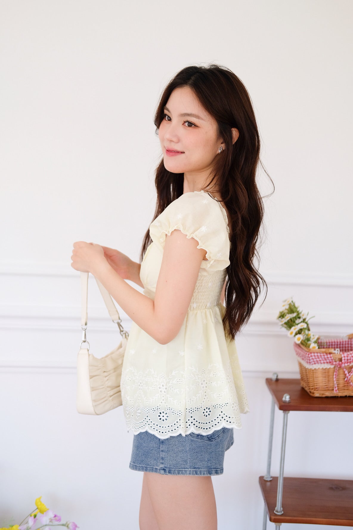 Kylin Eyelet Ruched Peplum Top (Sunshine Yellow)