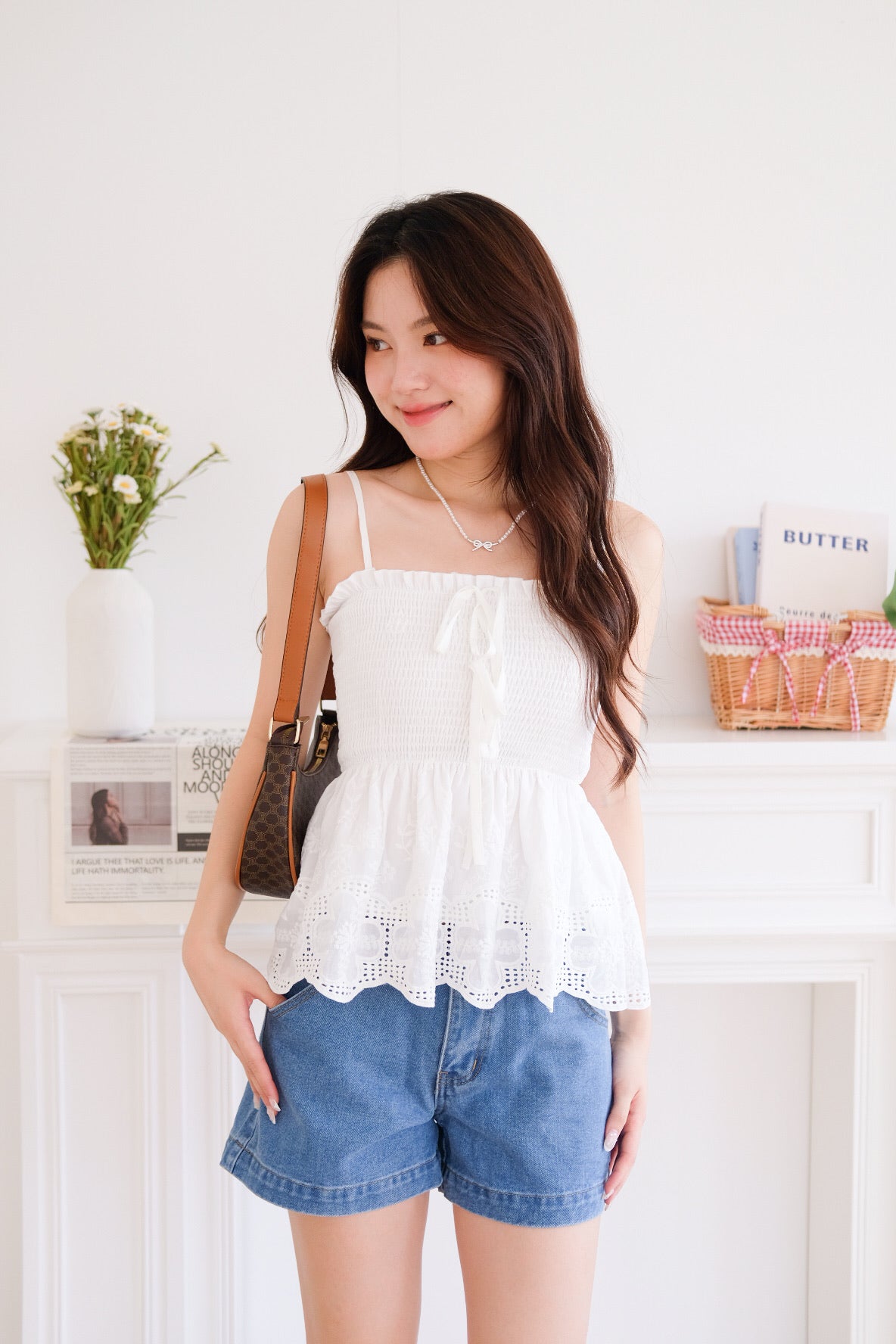 Selina Smocked Ribbon Eyelet Top (White)