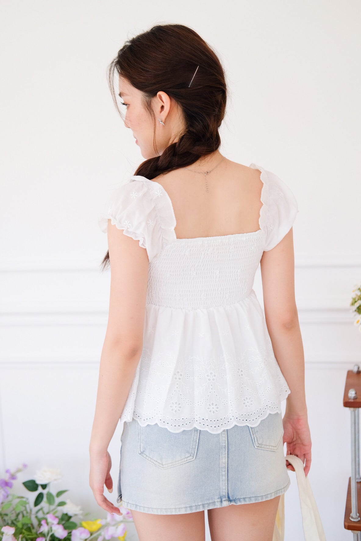 Kylin Eyelet Ruched Peplum Top (White)