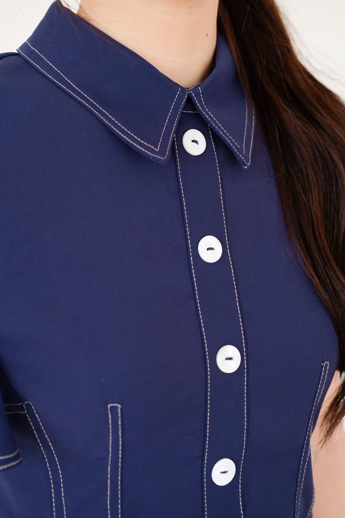Juliana Contrast Flutter Sleeves Top (Navy Blue)