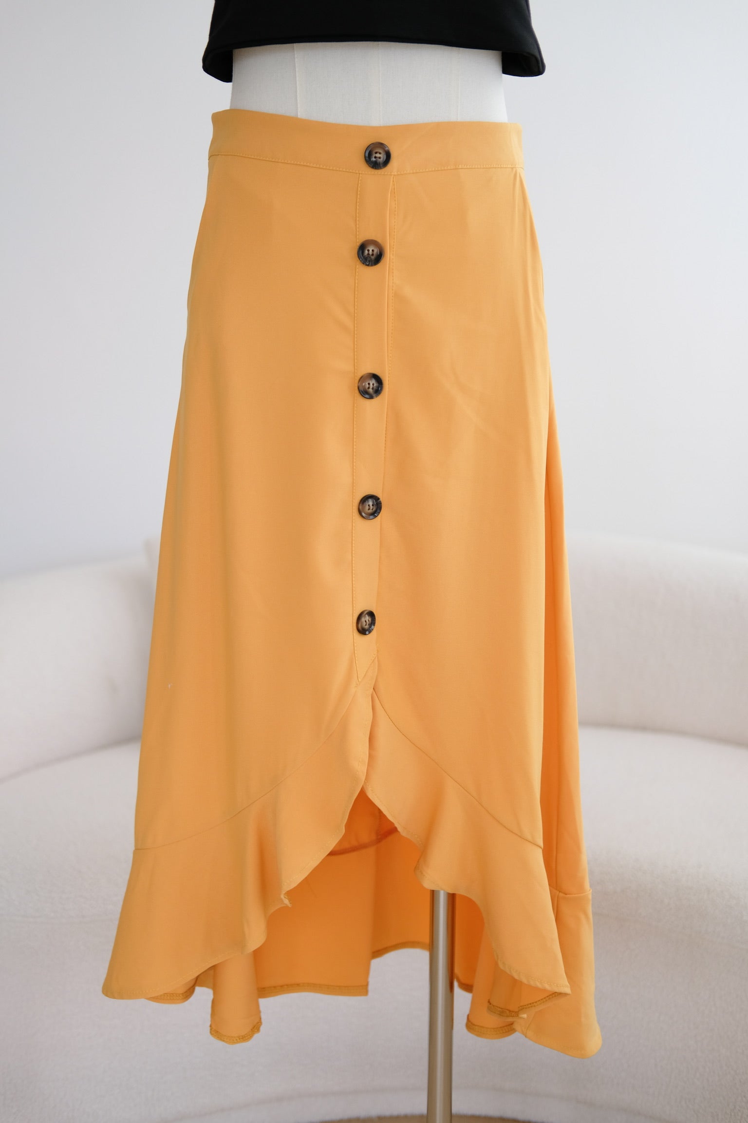Orange Buttons Ruffle Midi Skirt
