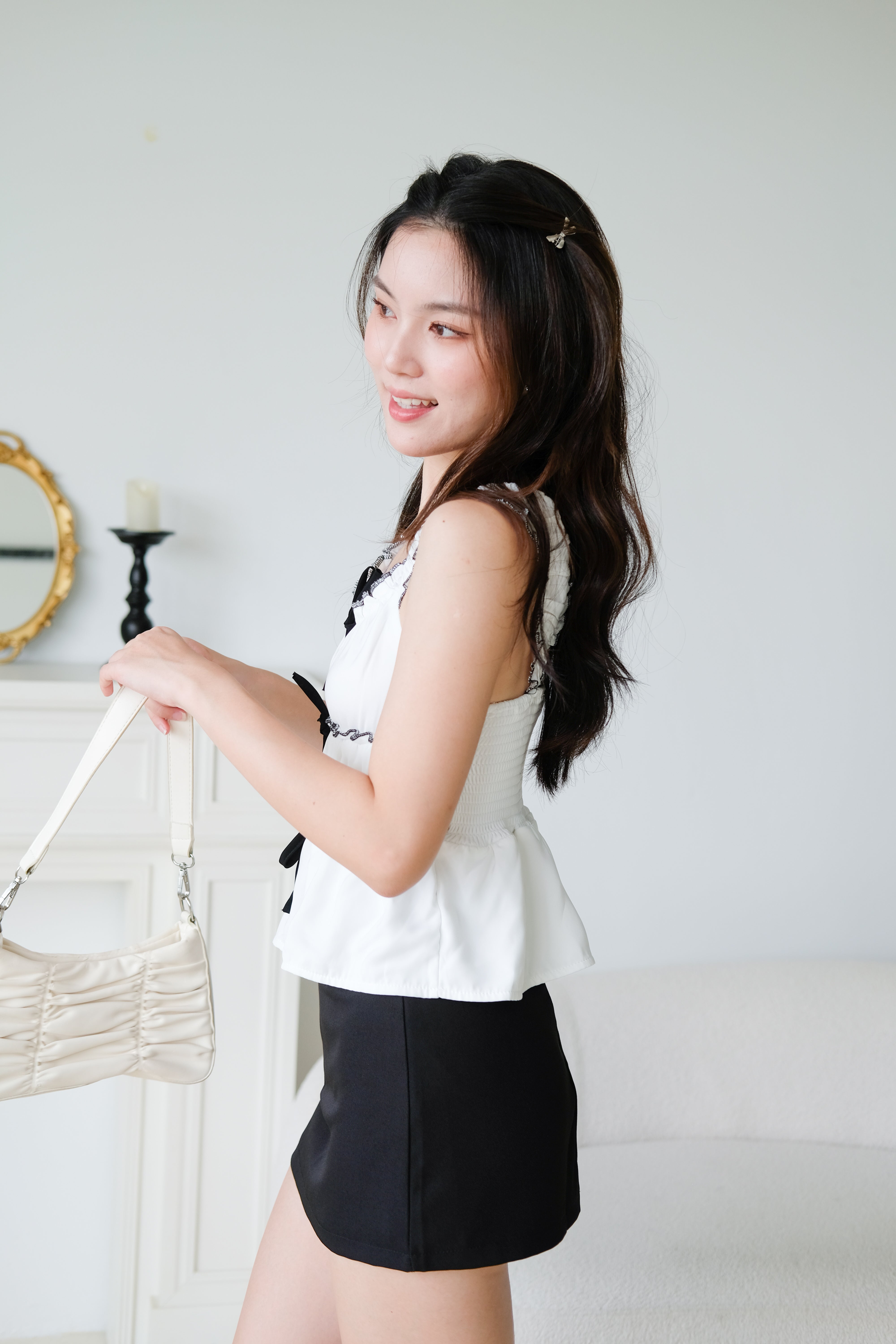 Elowen Coquette Contrast Babydoll Top (White)