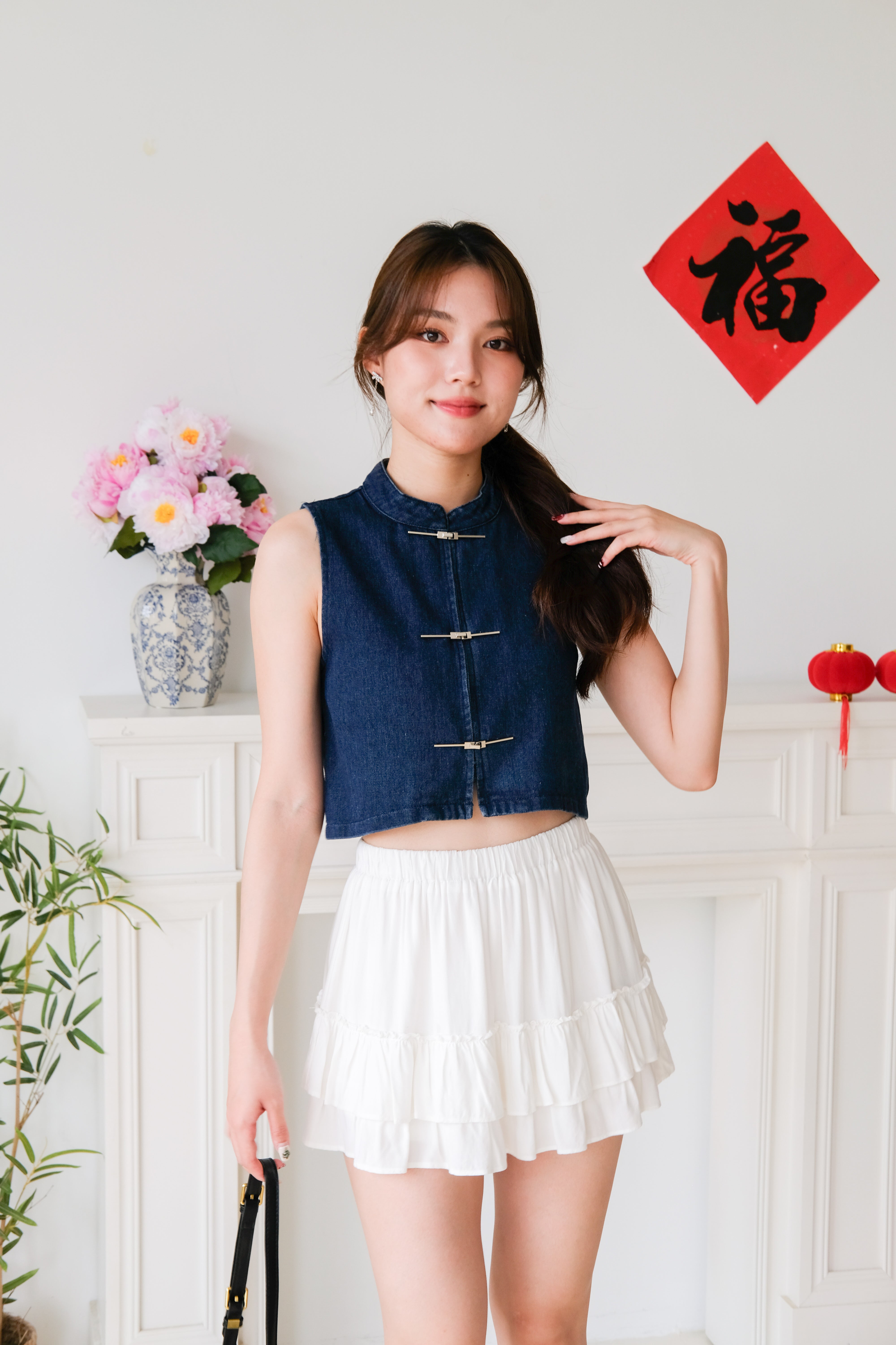 Asa Denim Cheongsam Crop (Dark Blue)