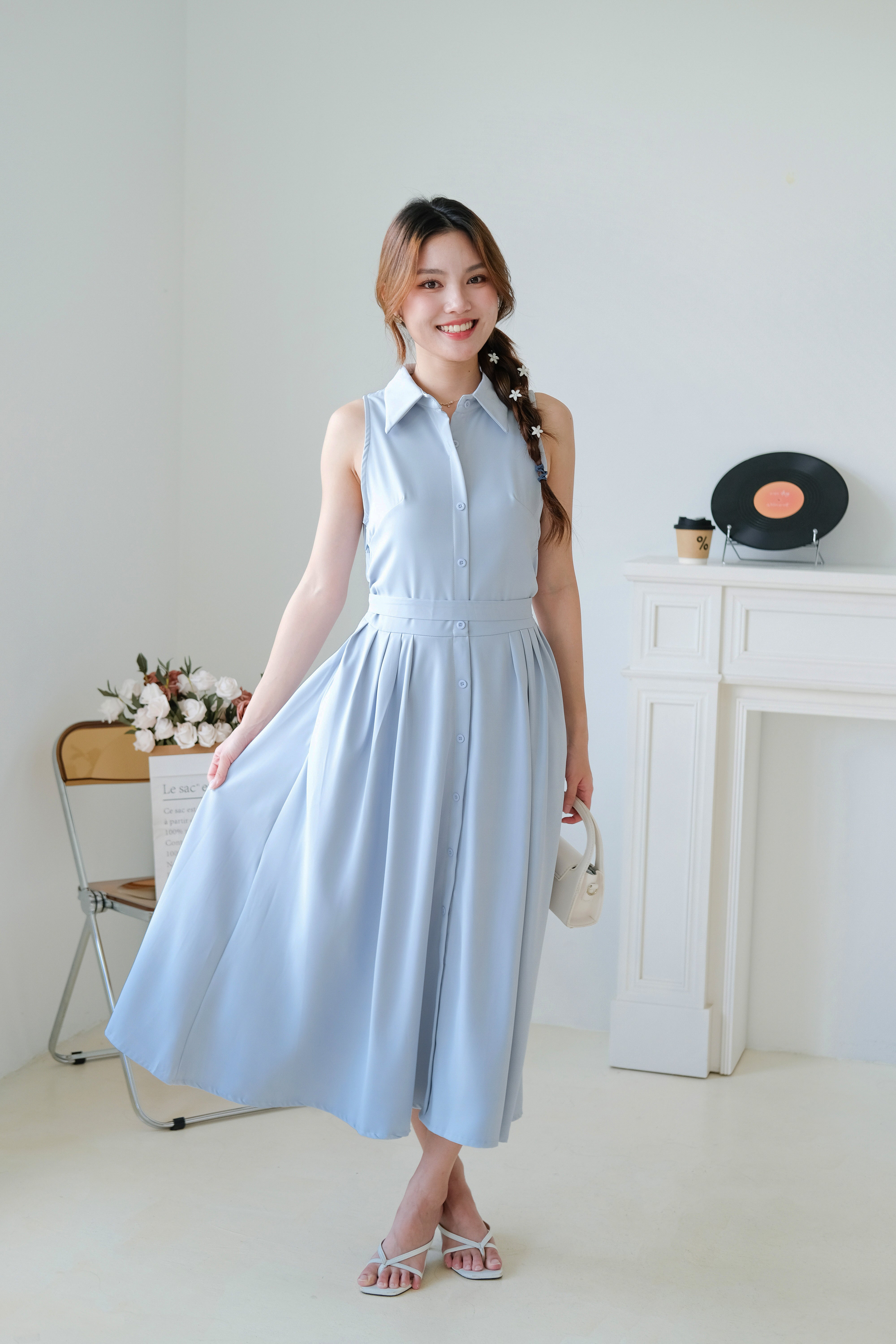 Camille Cinched Waist Collared Maxi Dress (Dusty Blue)