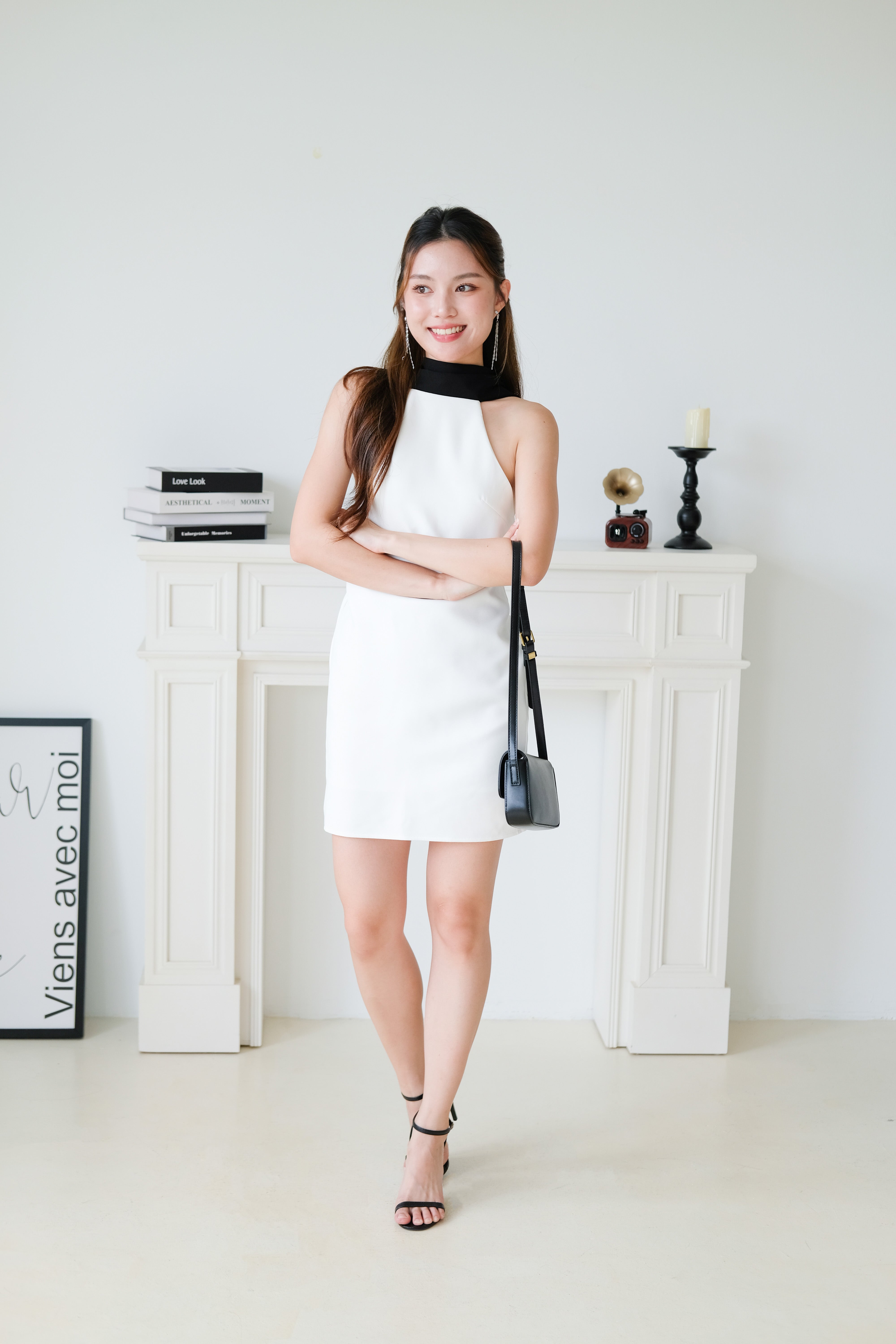 Axelle Contrast Bareback Halter Dress (White)