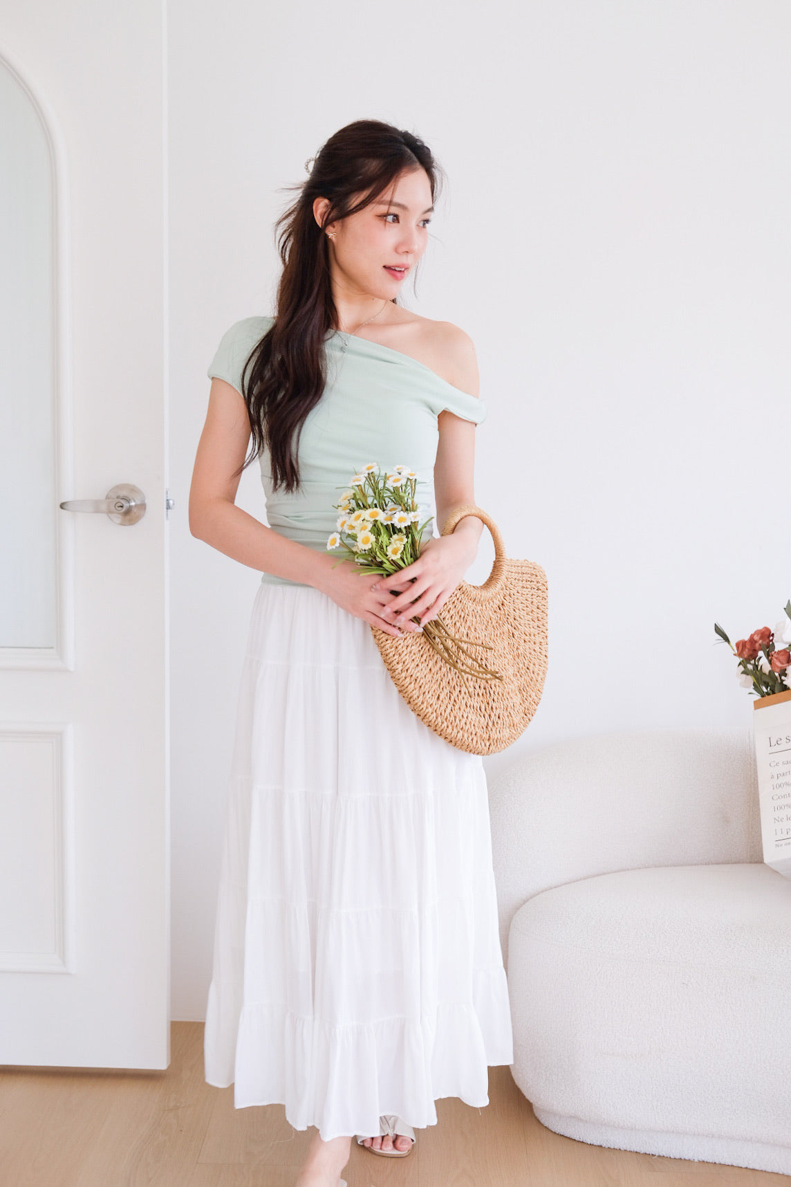 Deborah One Shoulder Ruched Top (Glacial Green)