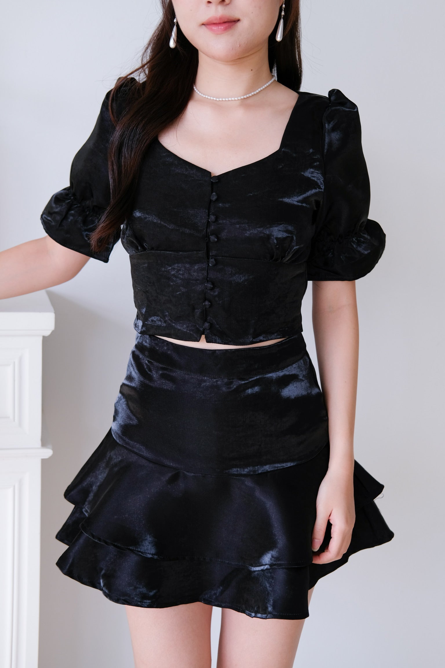 Lush Shimmer Satin Flare Set (Black)