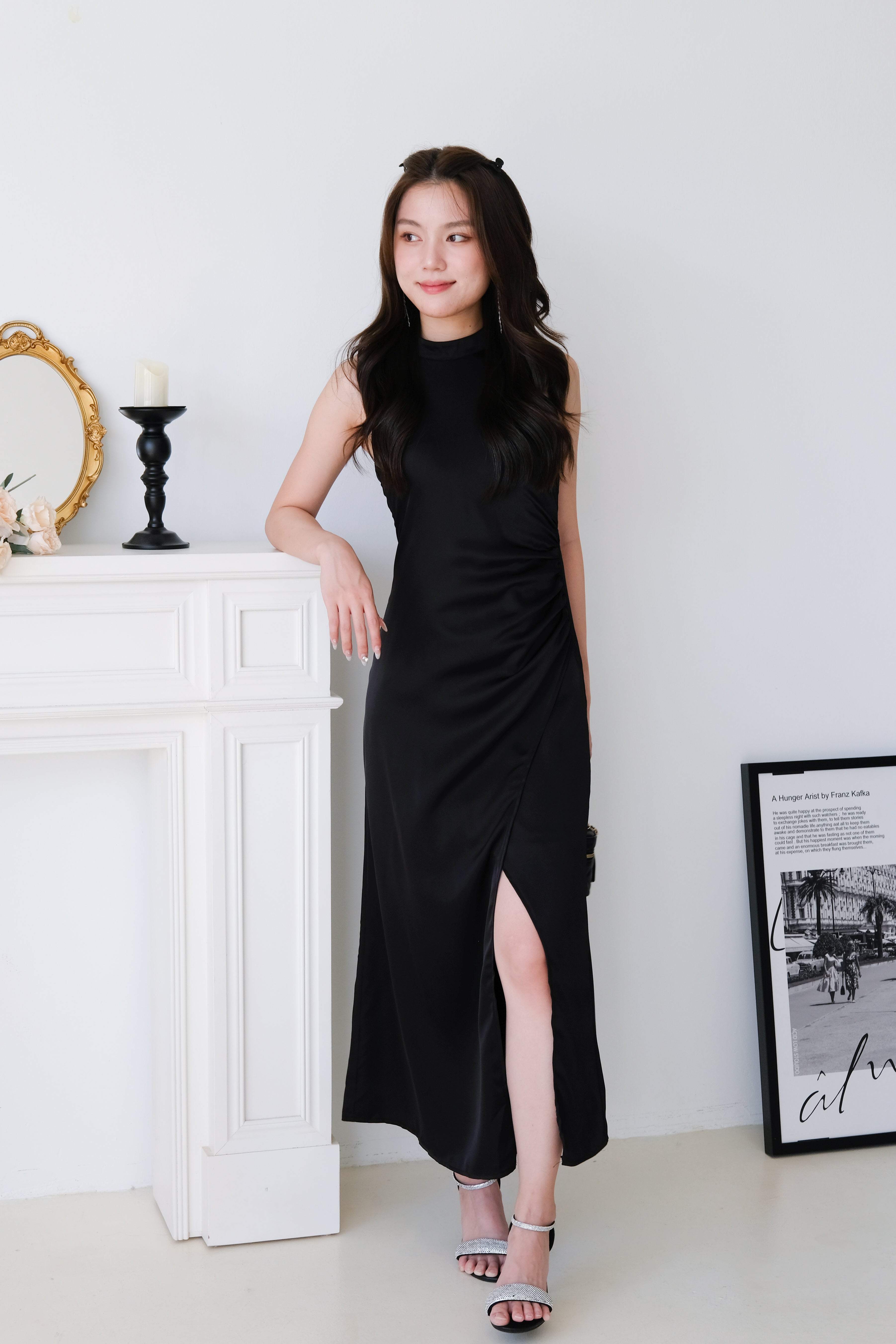 Elyanne Halter Satin Slit Maxi Dress (Black)