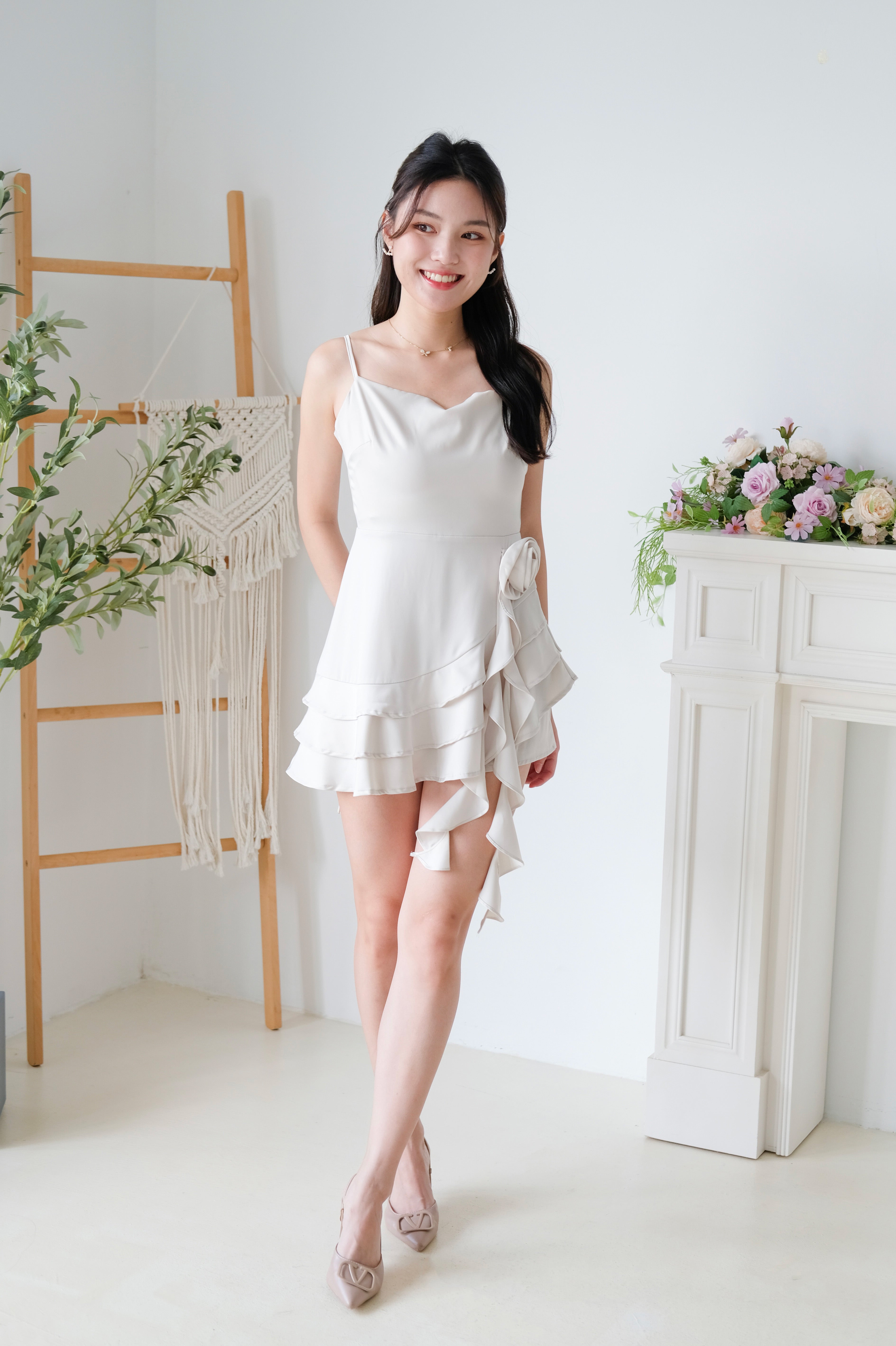 Dewy Satin Ruffle Dress (Champagne)