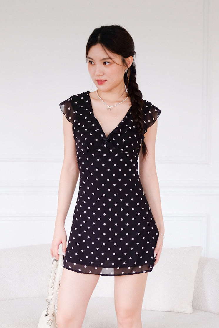 Viola V Neck Polka Dot Dress (Black)