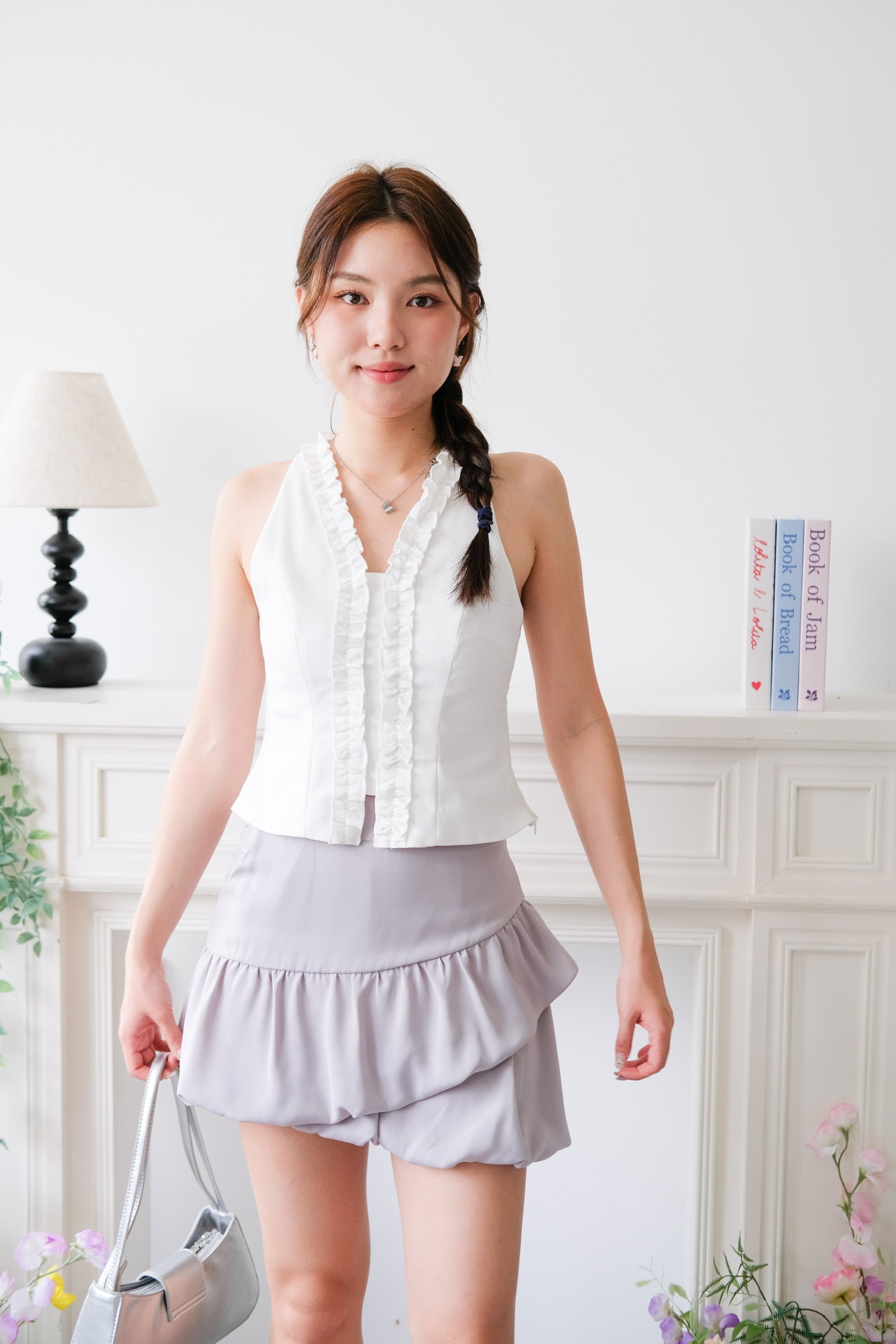 Evangeline Frills V Neck Top (White)