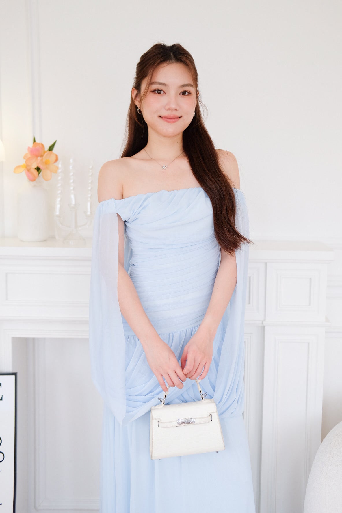 Jasmine Ruched Mesh Off Shoulder Maxi Dress (Sky Blue)