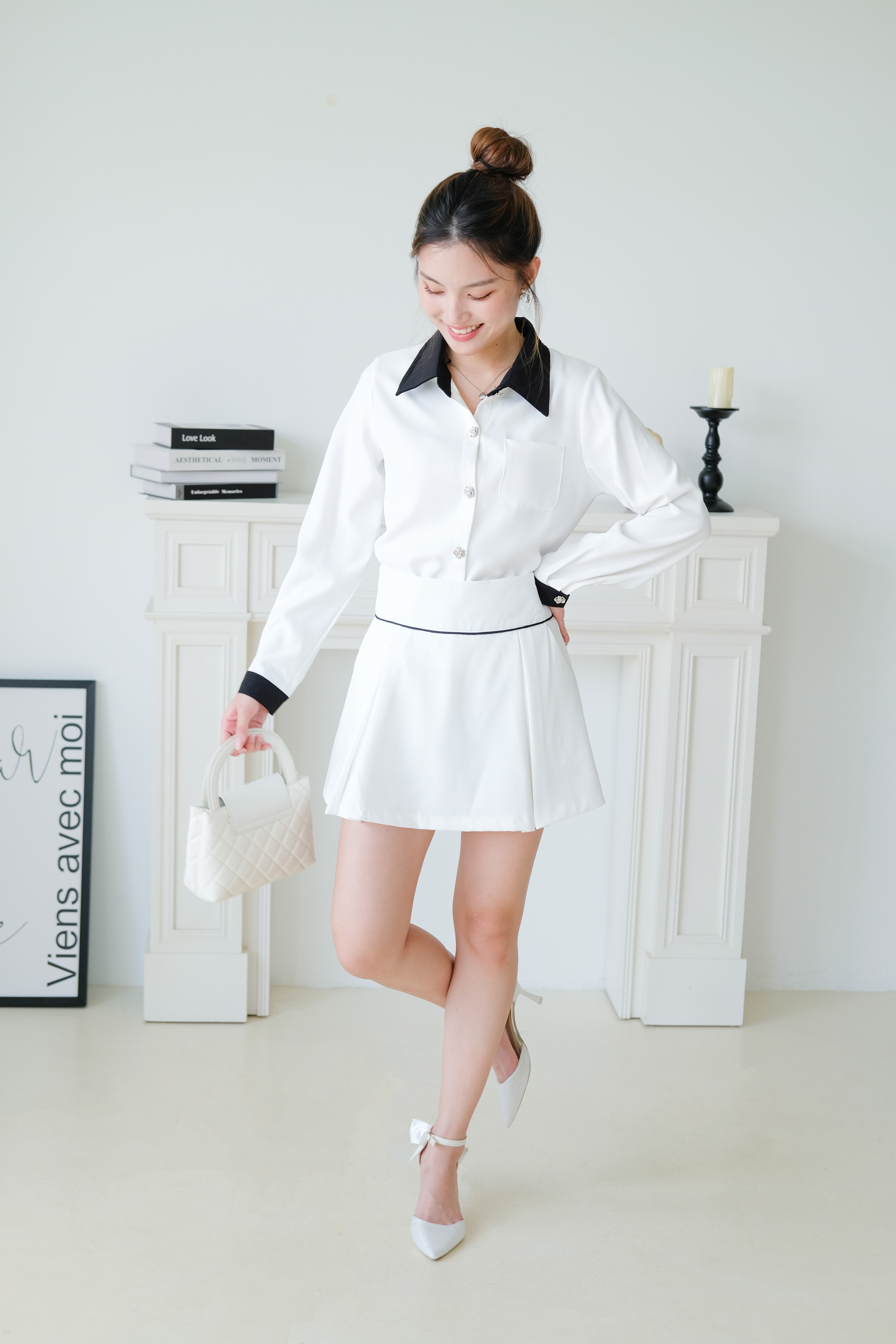Colette Contrast Collared Casual Set (White)
