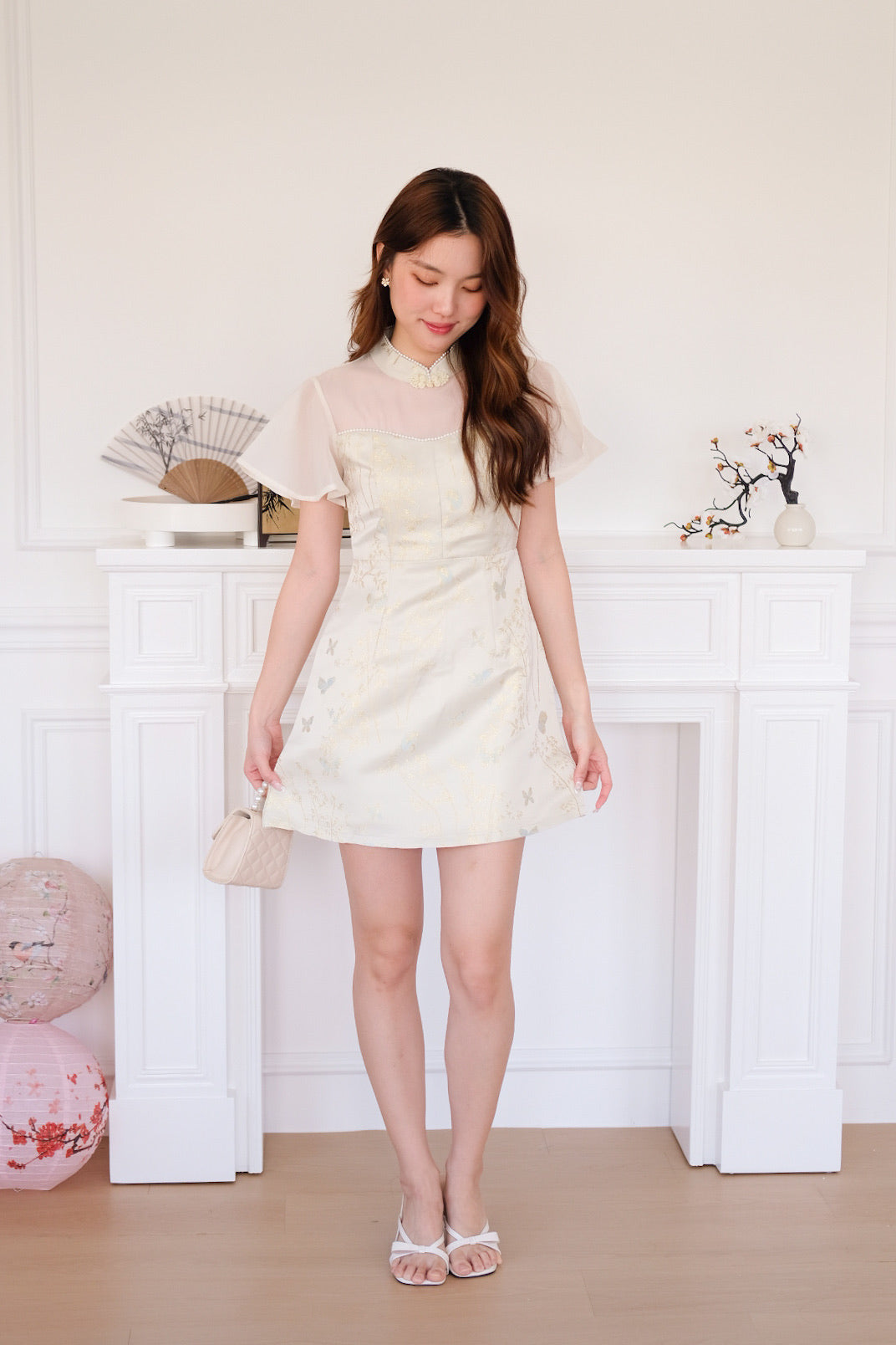 蝶梦 Butterfly Flutter Pearl Cheongsam Dress (Cream)