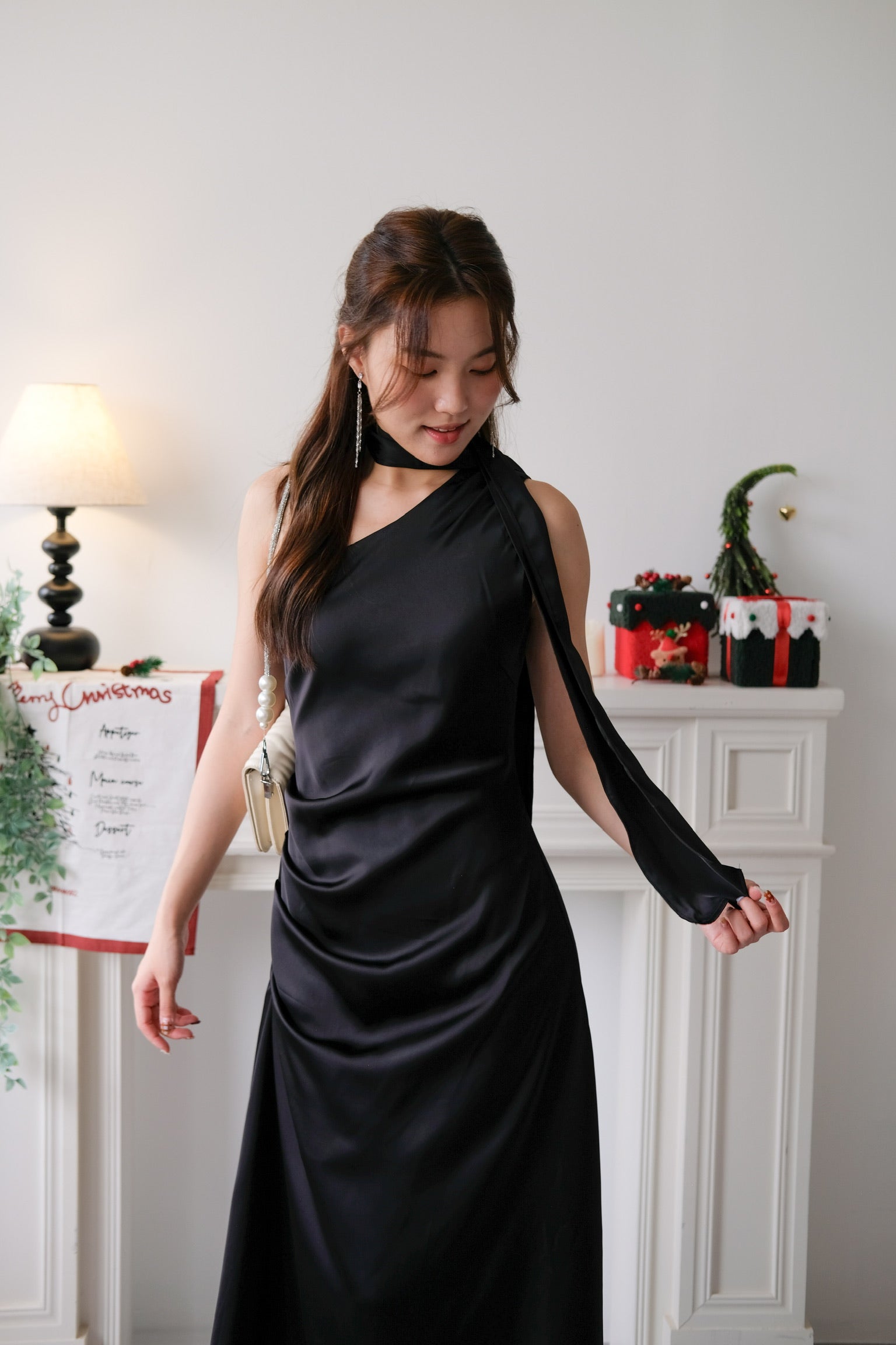 Caelyn Satin Toga Dinner Dress (Black)