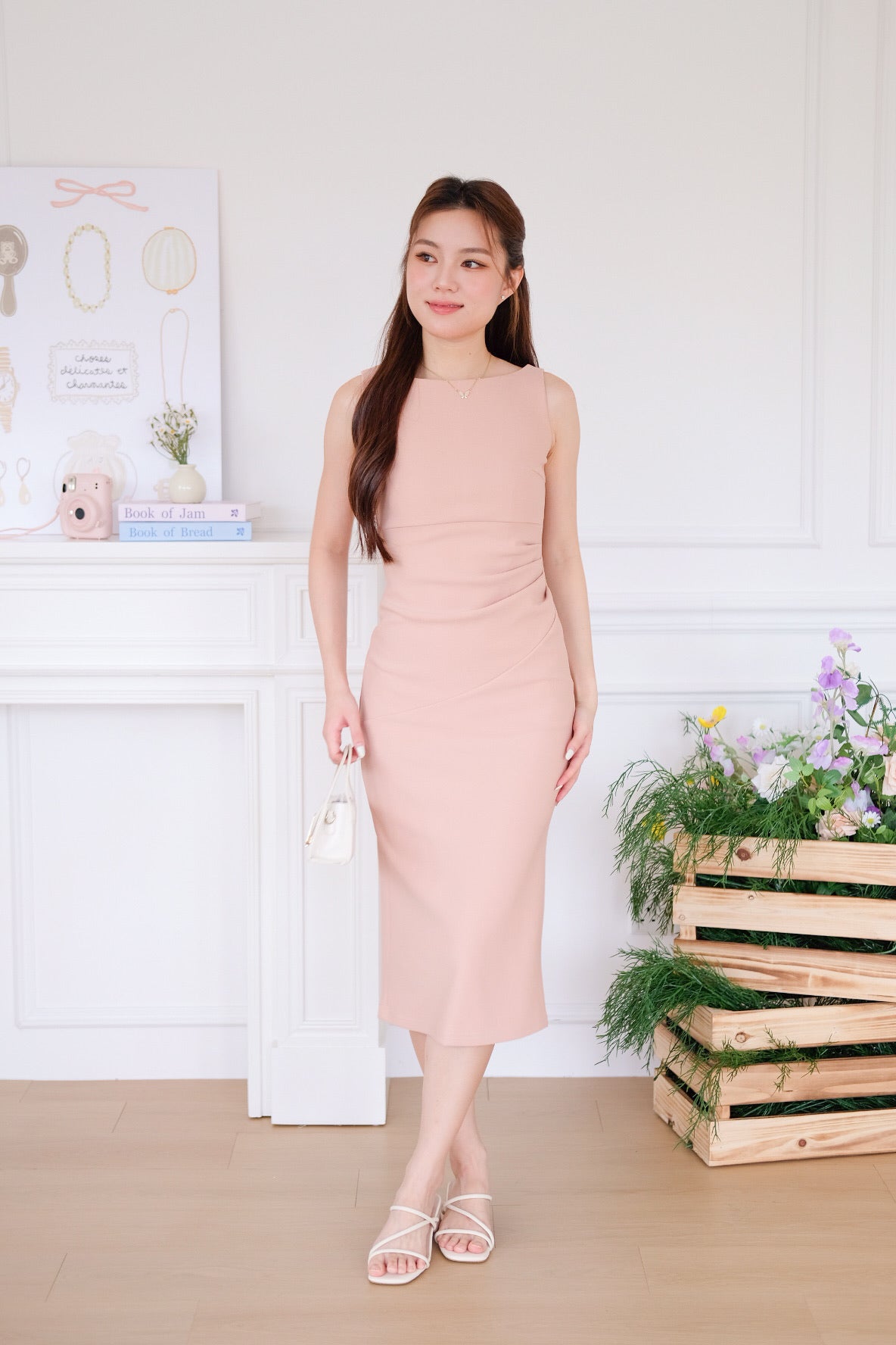 Felicia Boatneck Ruched Maxi Dress (Nude Pink)