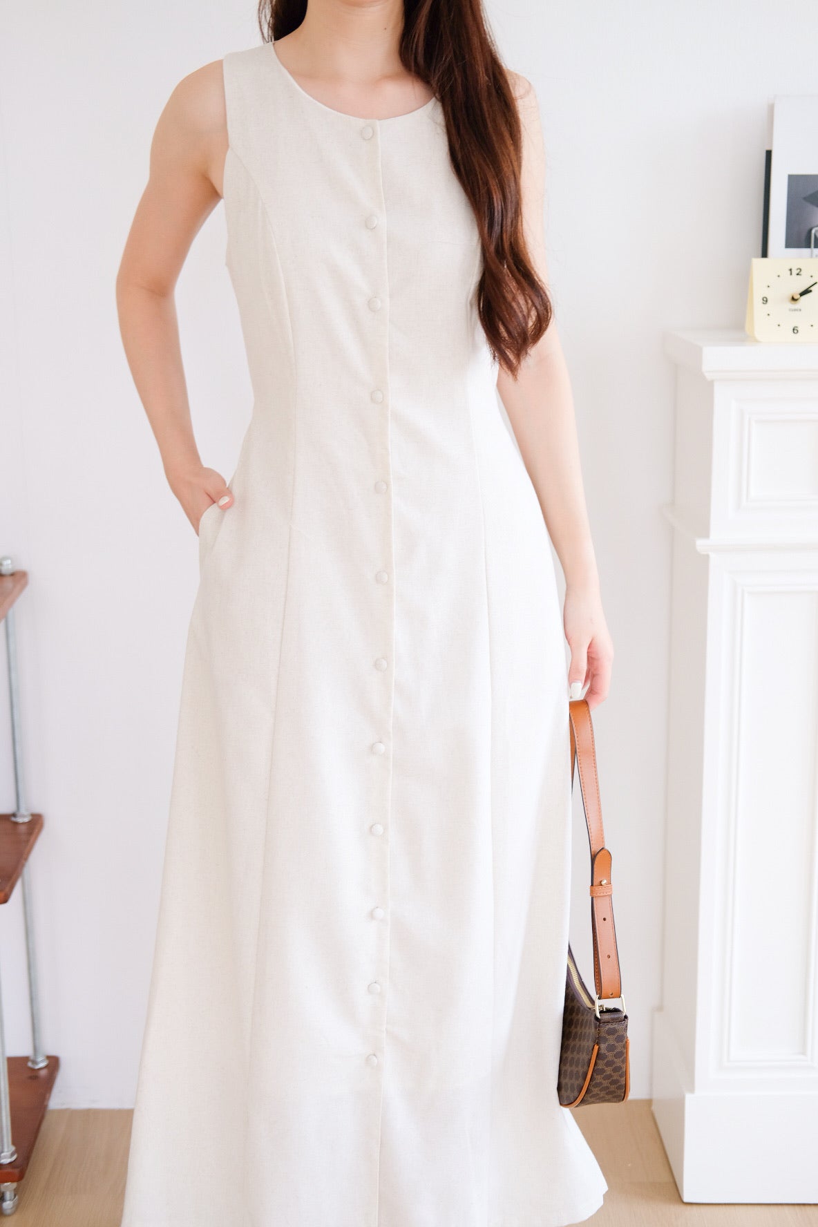 Arlette Button Linen Maxi Dress (Oat Beige)