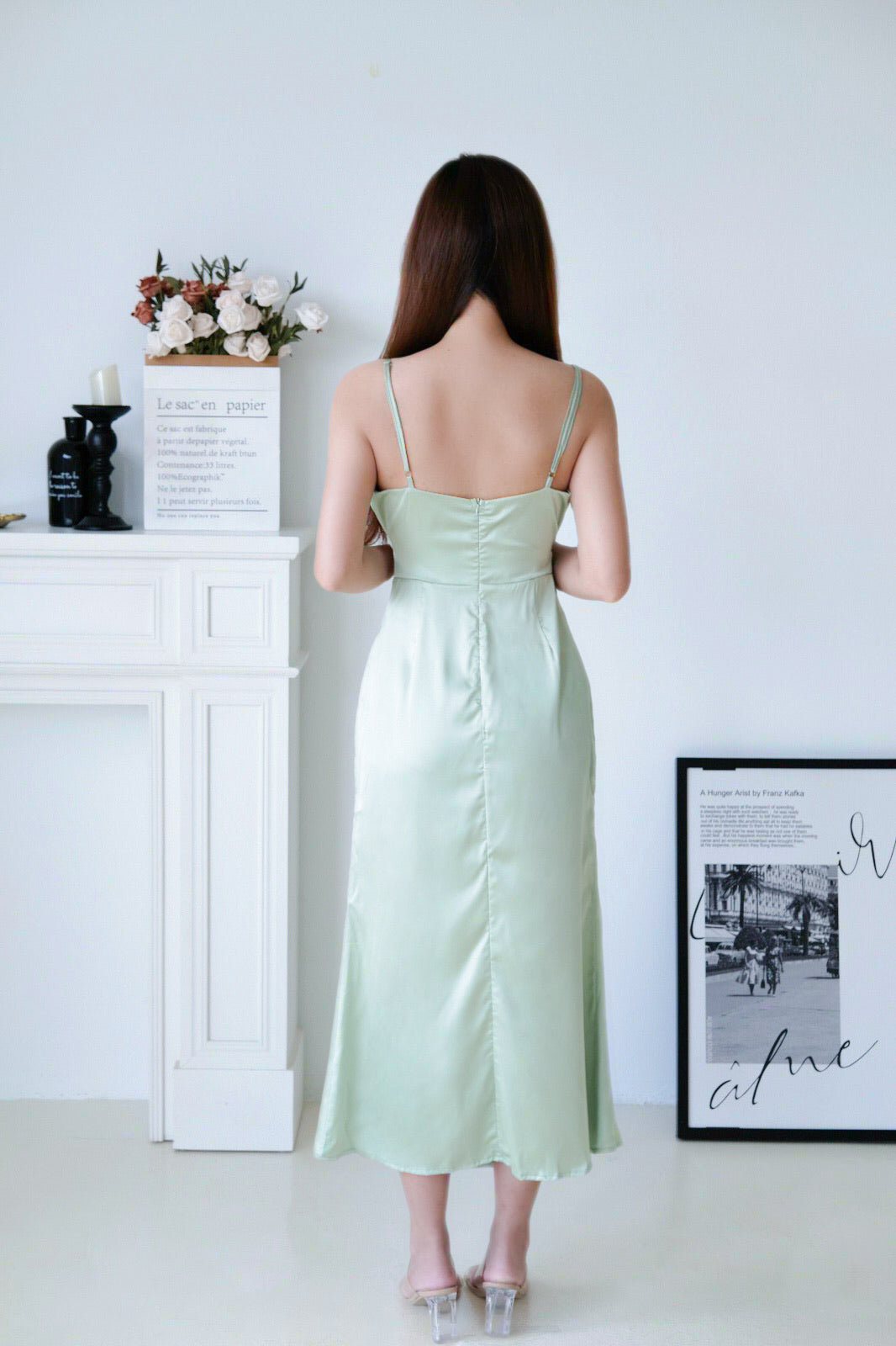 Sage Green Satin Cowl Neck Cutout Midi Dress