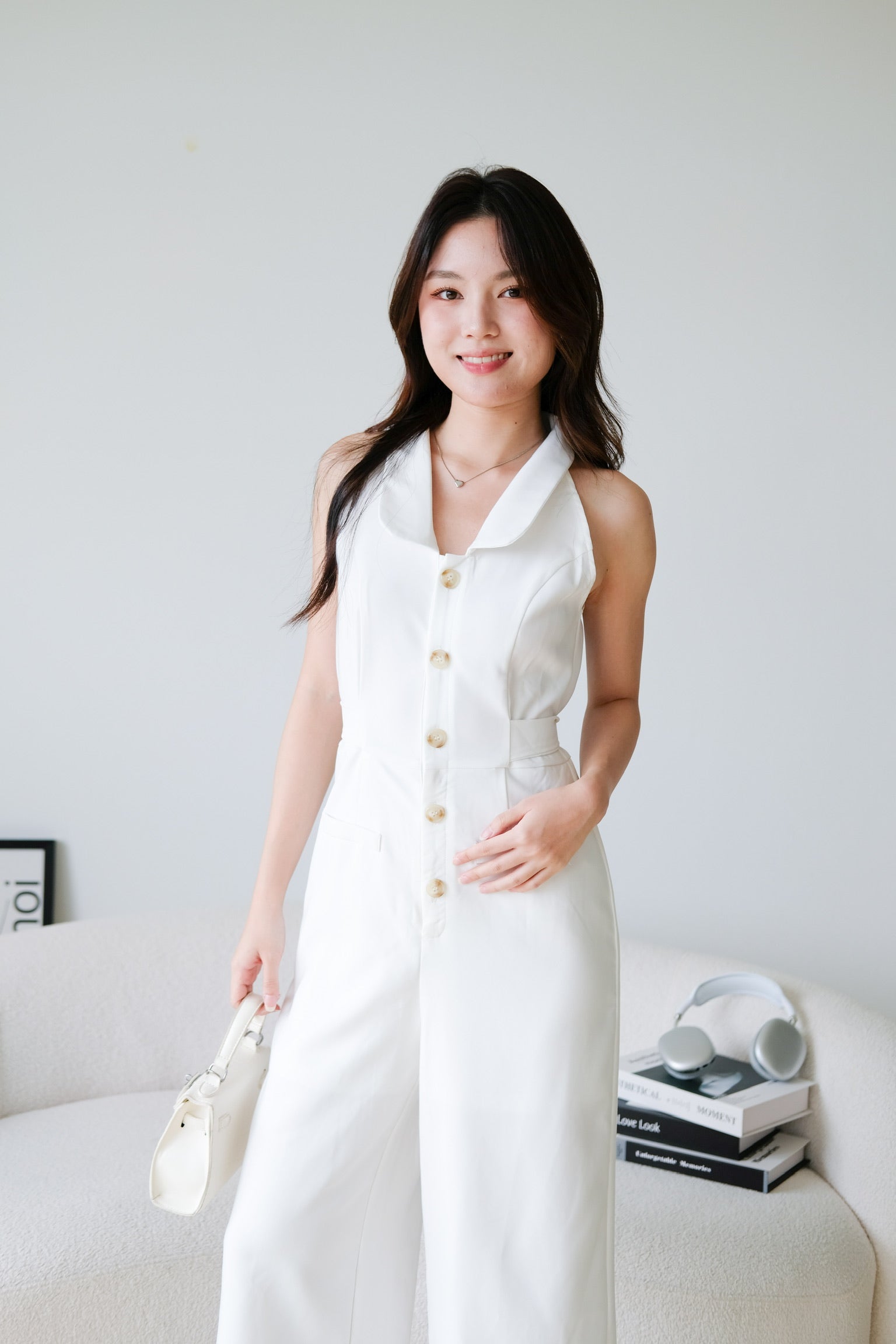 Day and Night Collared Long Jumpsuit (White)