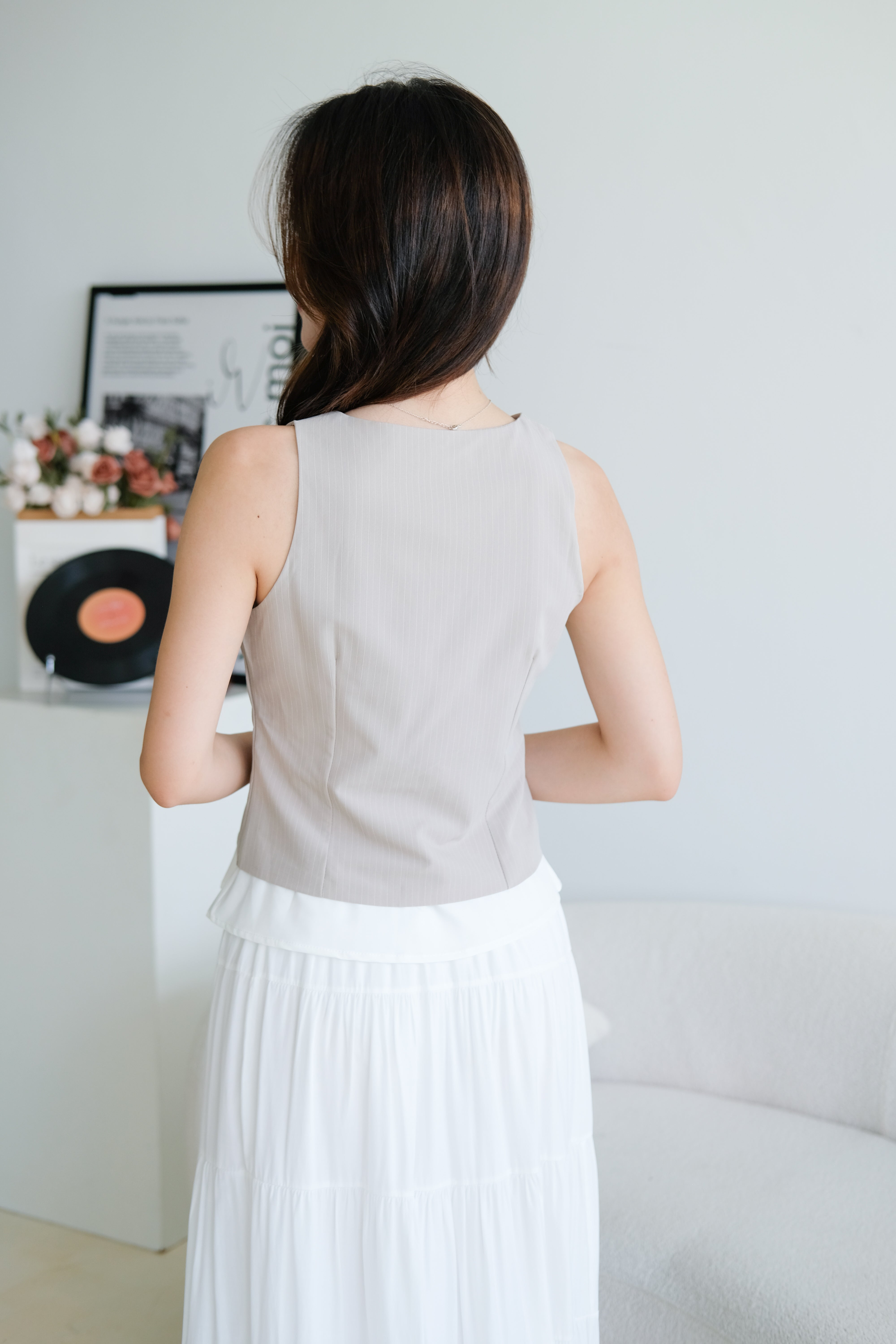 Veen Pinstripe Contrast Vest Top (Light Grey)
