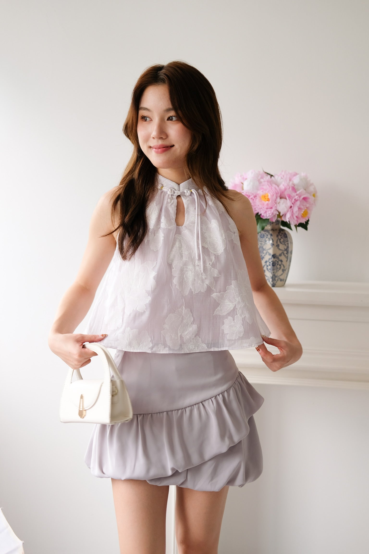 Chu Ran Floral Organza Cheongsam Top (Light Purple)