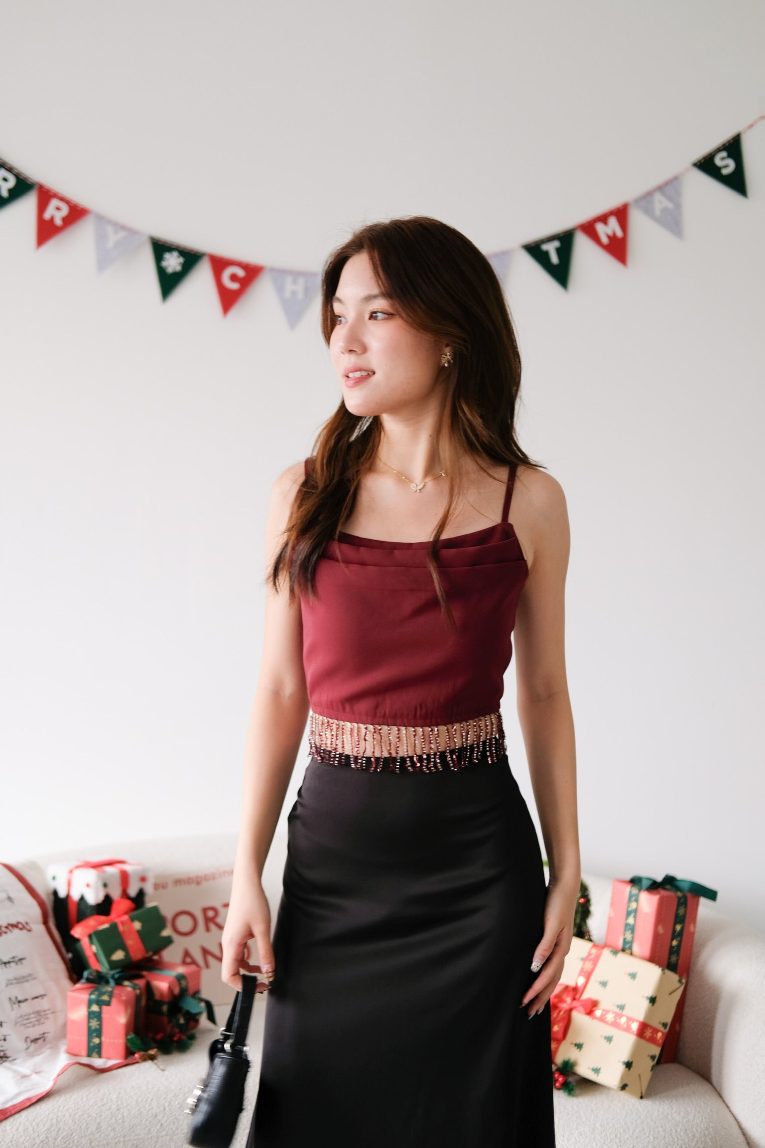 Amaria Embellished Tassel Crop Top (Maroon)