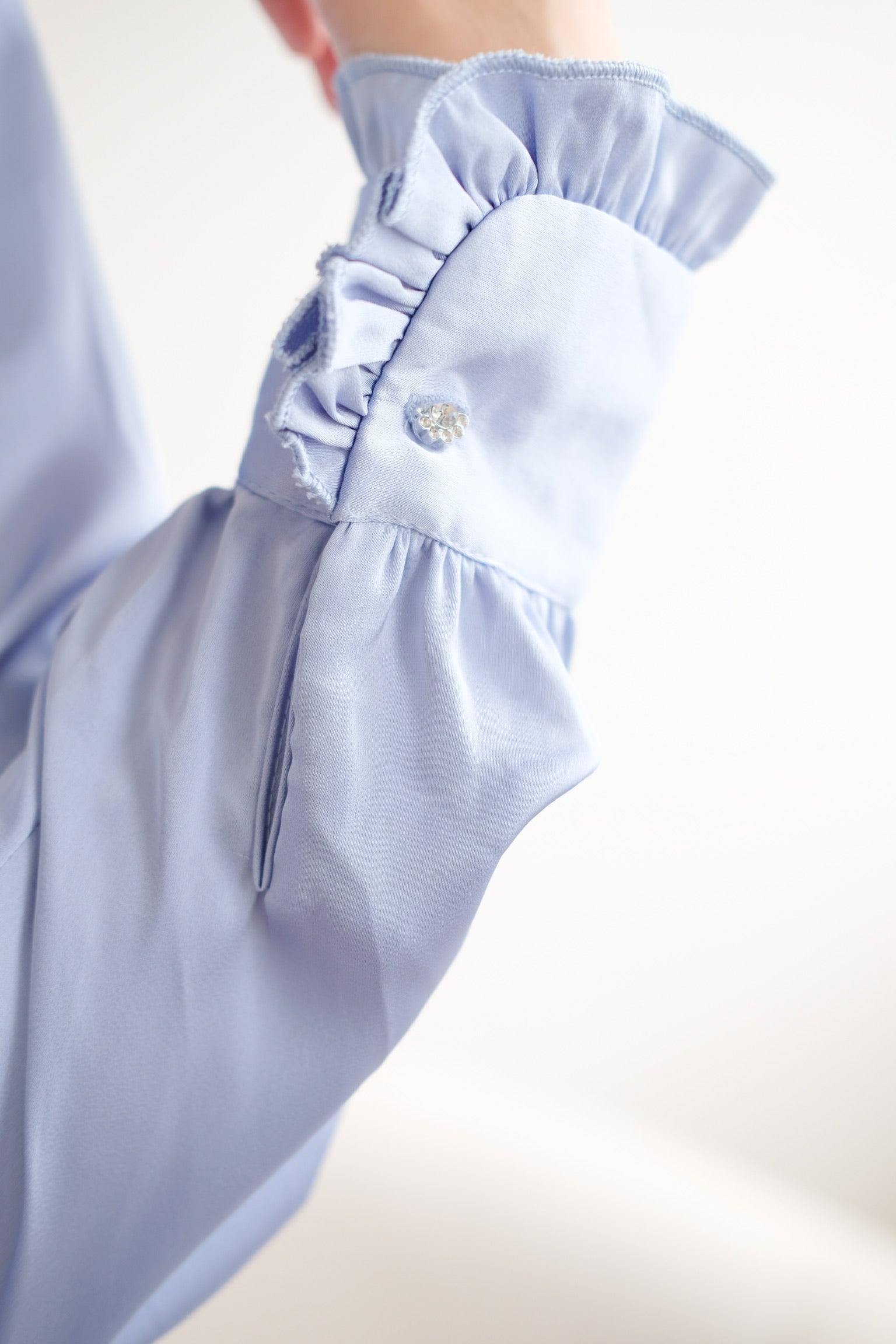 Satin Ruffle Buttons Collared Top (Light Blue)