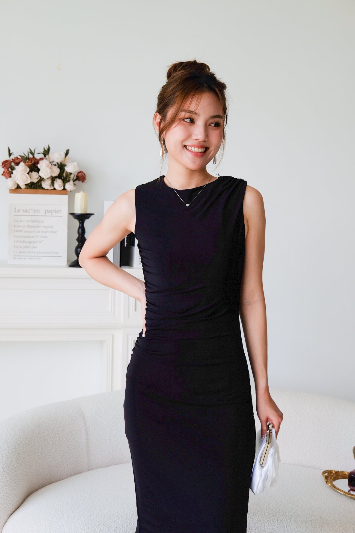 Paisley Ruched Jewel Bodycon Dress (Black)