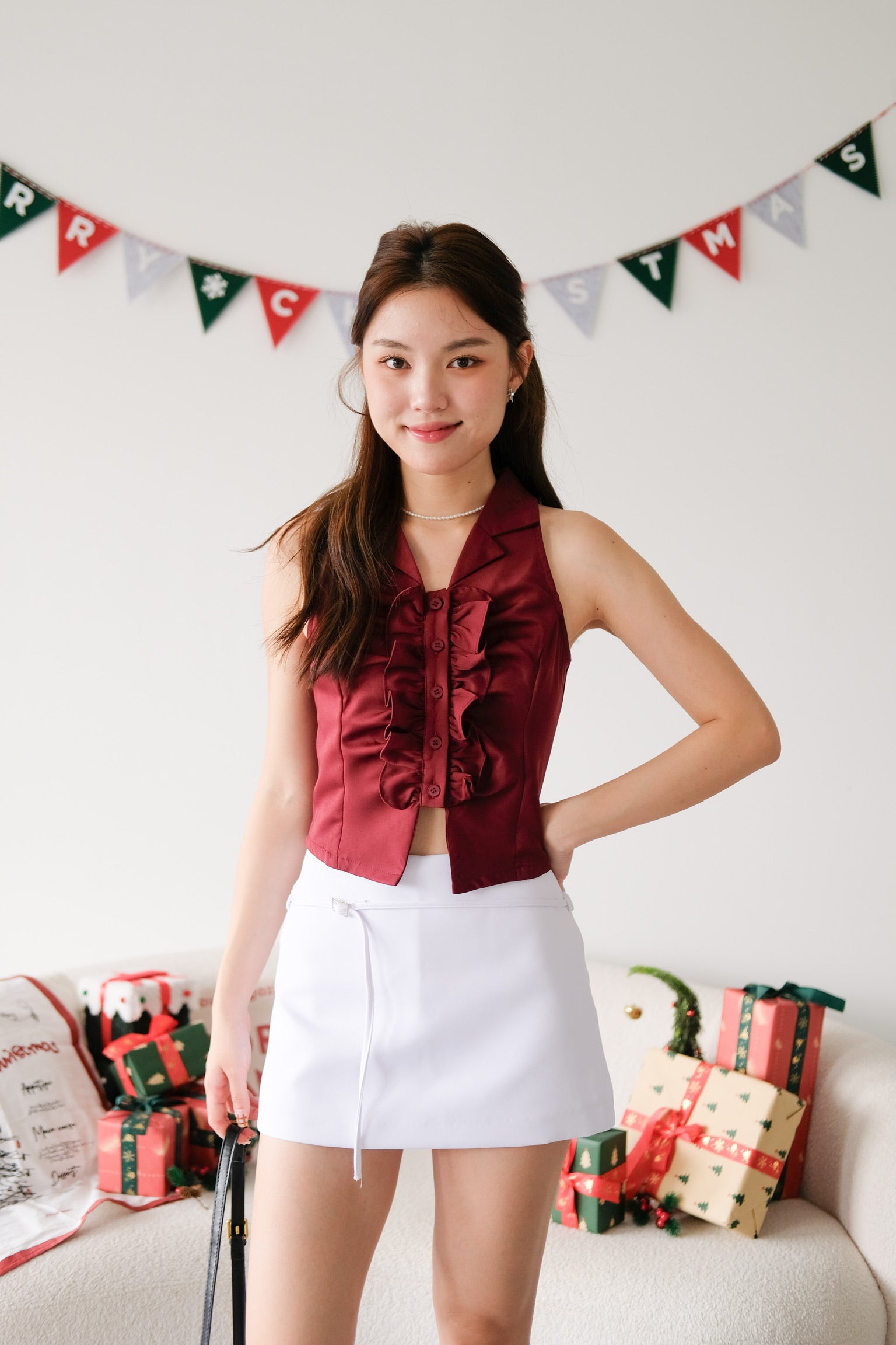 Naru Ruffle Collared Crop Top (Maroon)