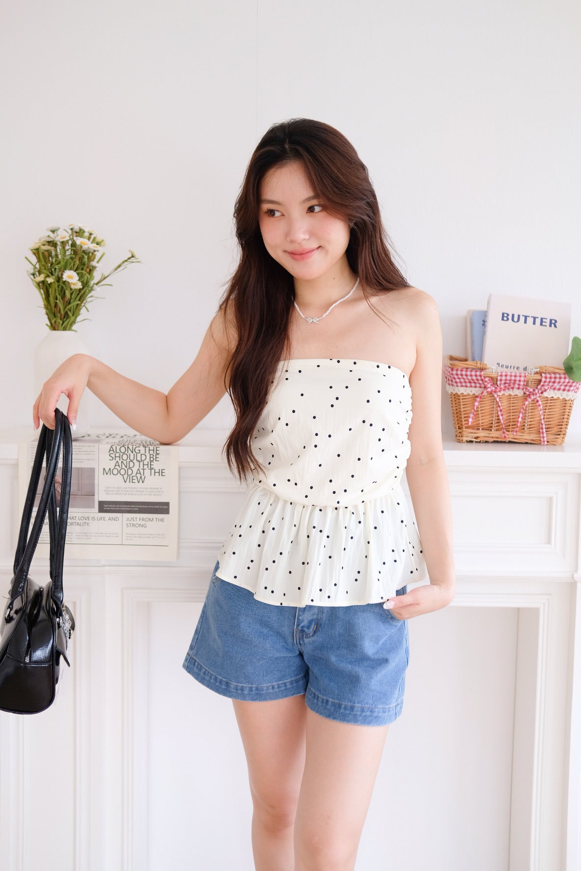 Nora Polka Dot Peplum Tube Top (Cream)