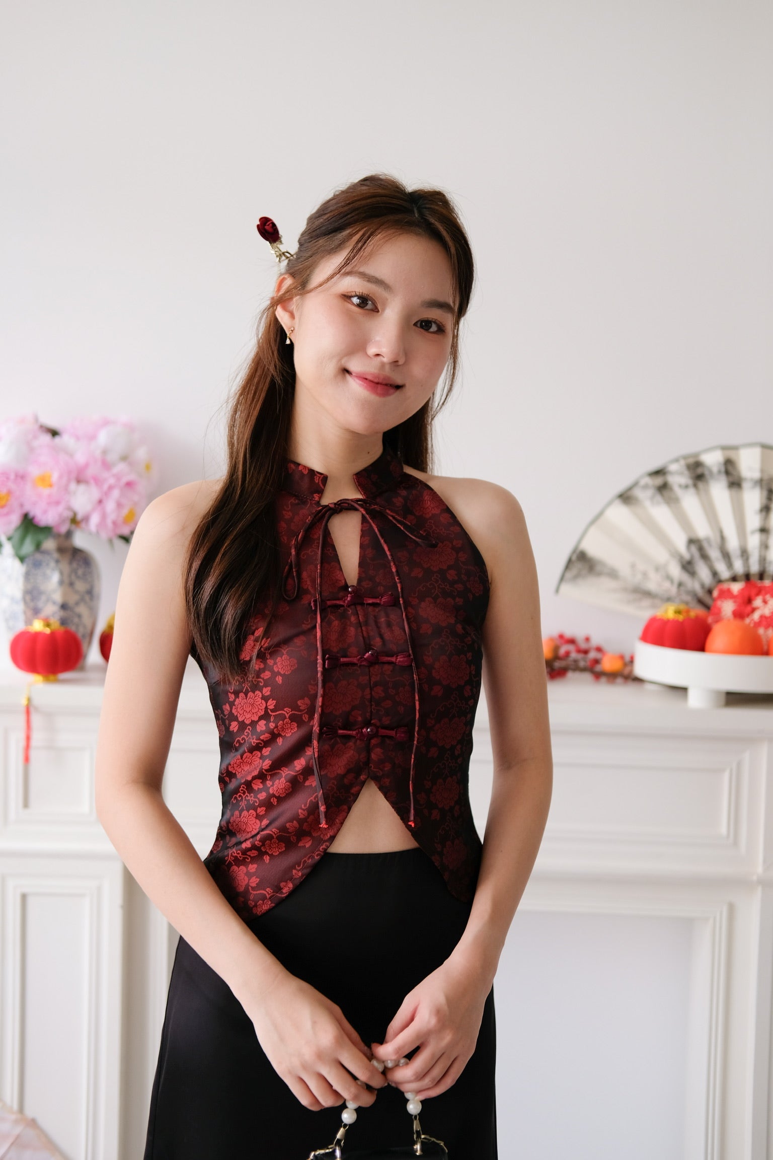 Ning Xia Ribbon Cheongsam Top (Wine)