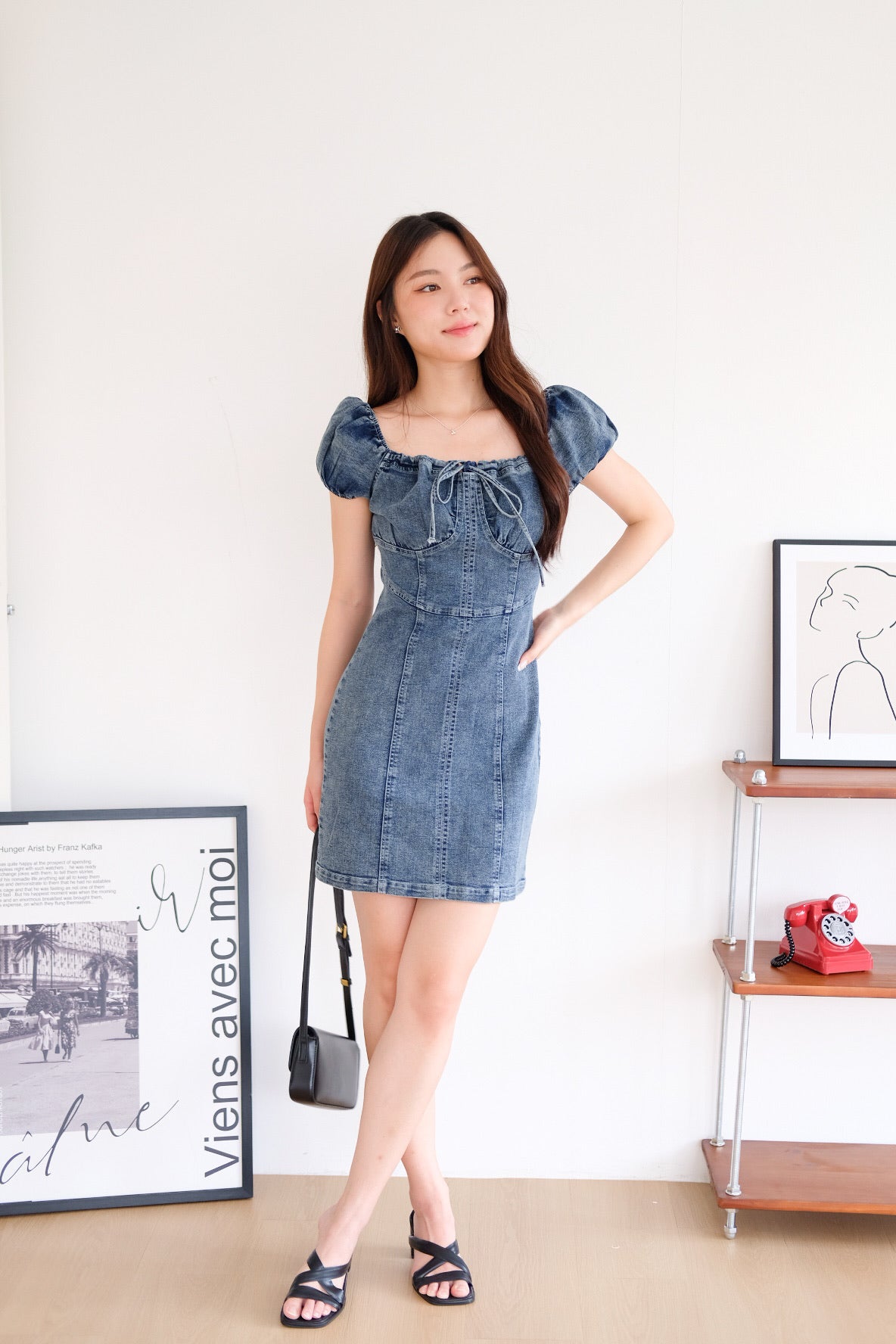 Celeste Ribbon Denim Dress (Dark Blue)