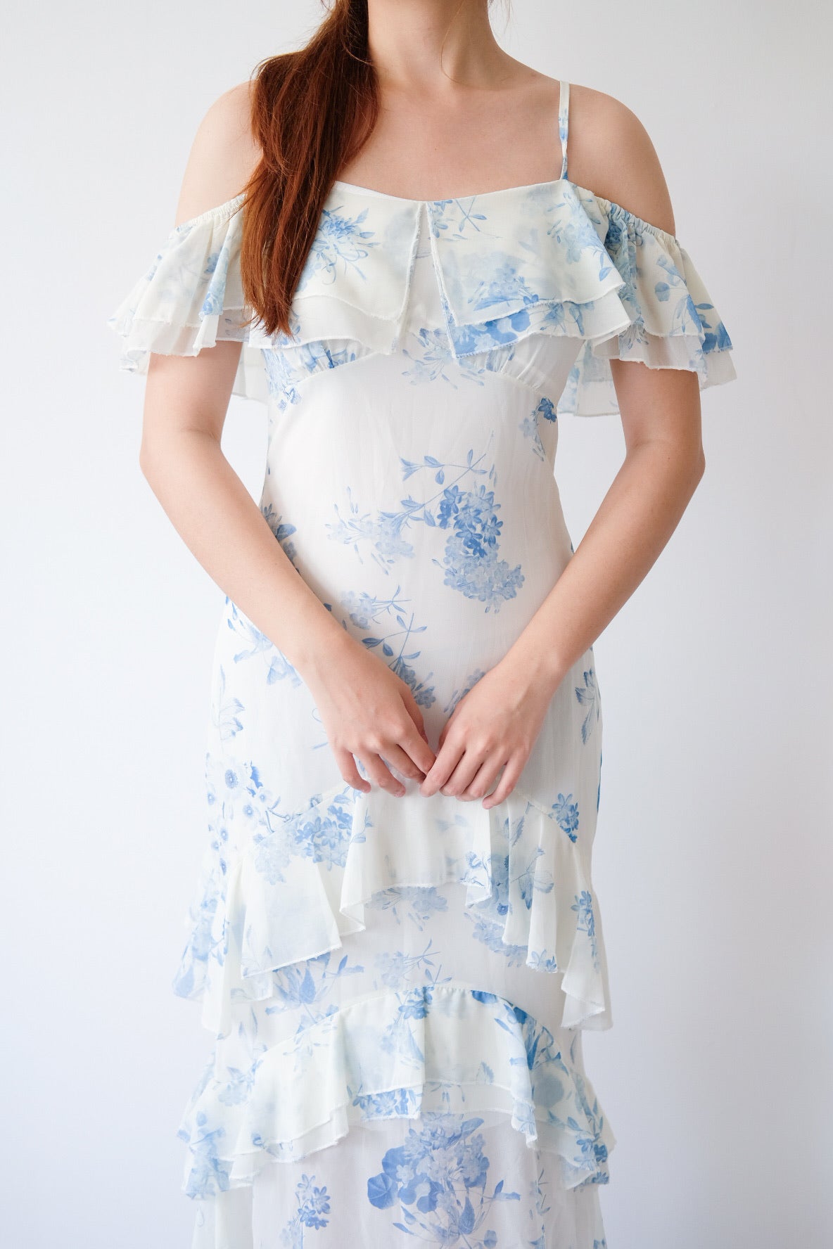 Blue Floral Off Shoulder Ruffle Maxi Dress