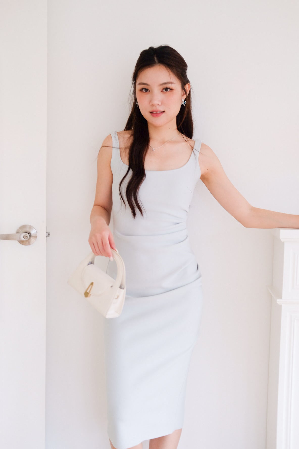 Claude Ruched Slim Fit Midi Dress (Light Sage)