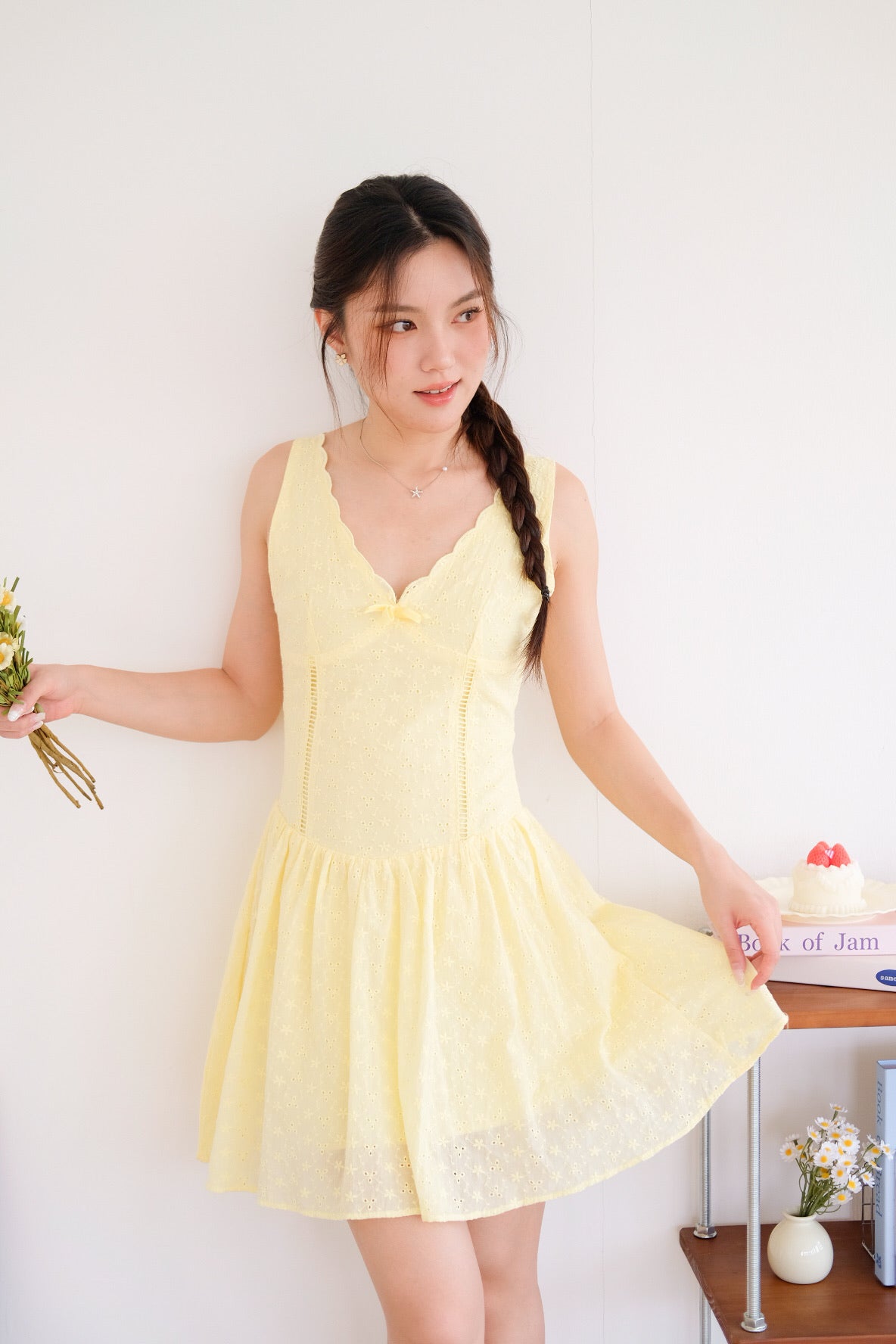 Reyna V Neck Eyelet Skater Dress (Sunshine Yellow)
