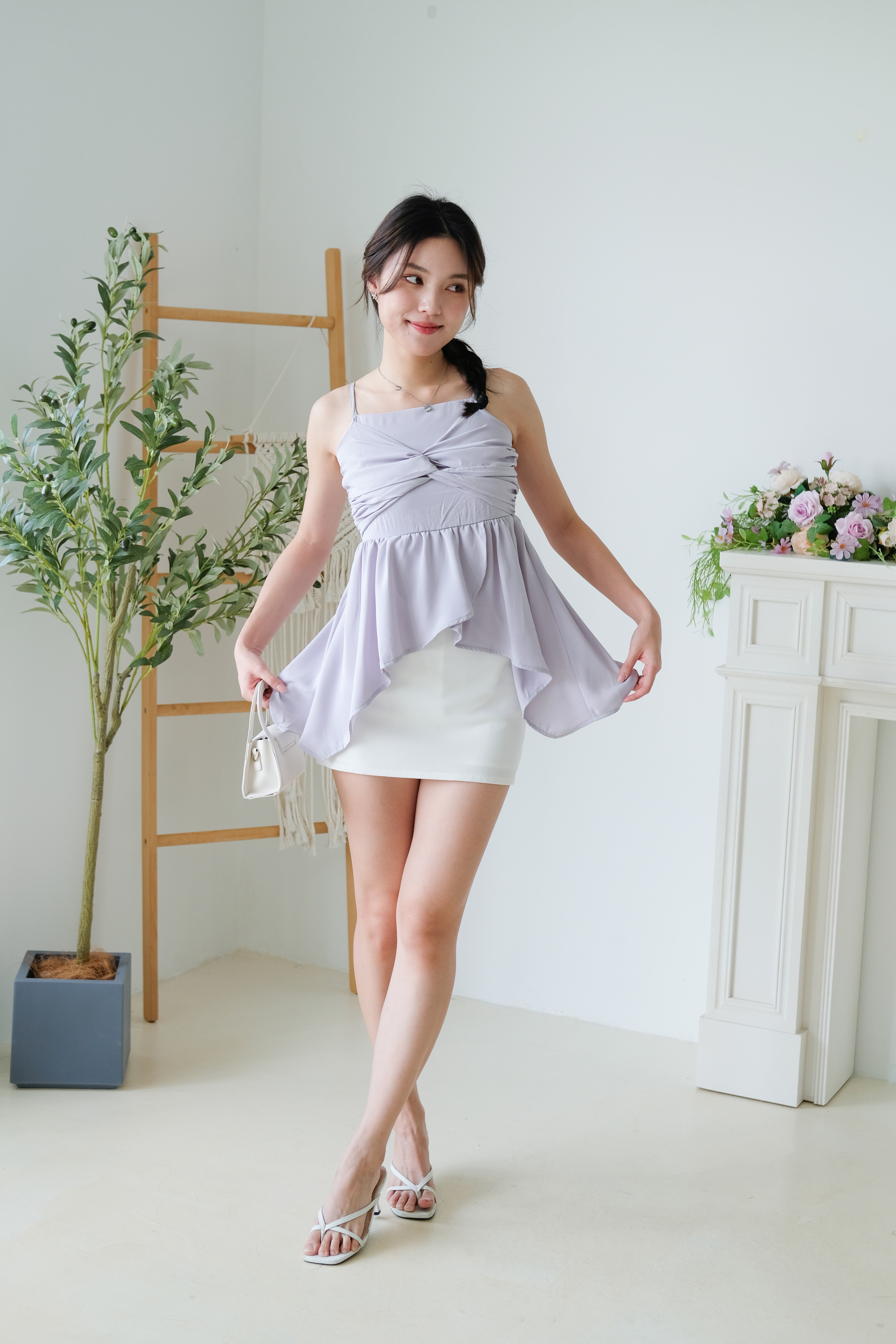 Natalie Twist Ruffle Asymmetrical Top (Dusty Purple)