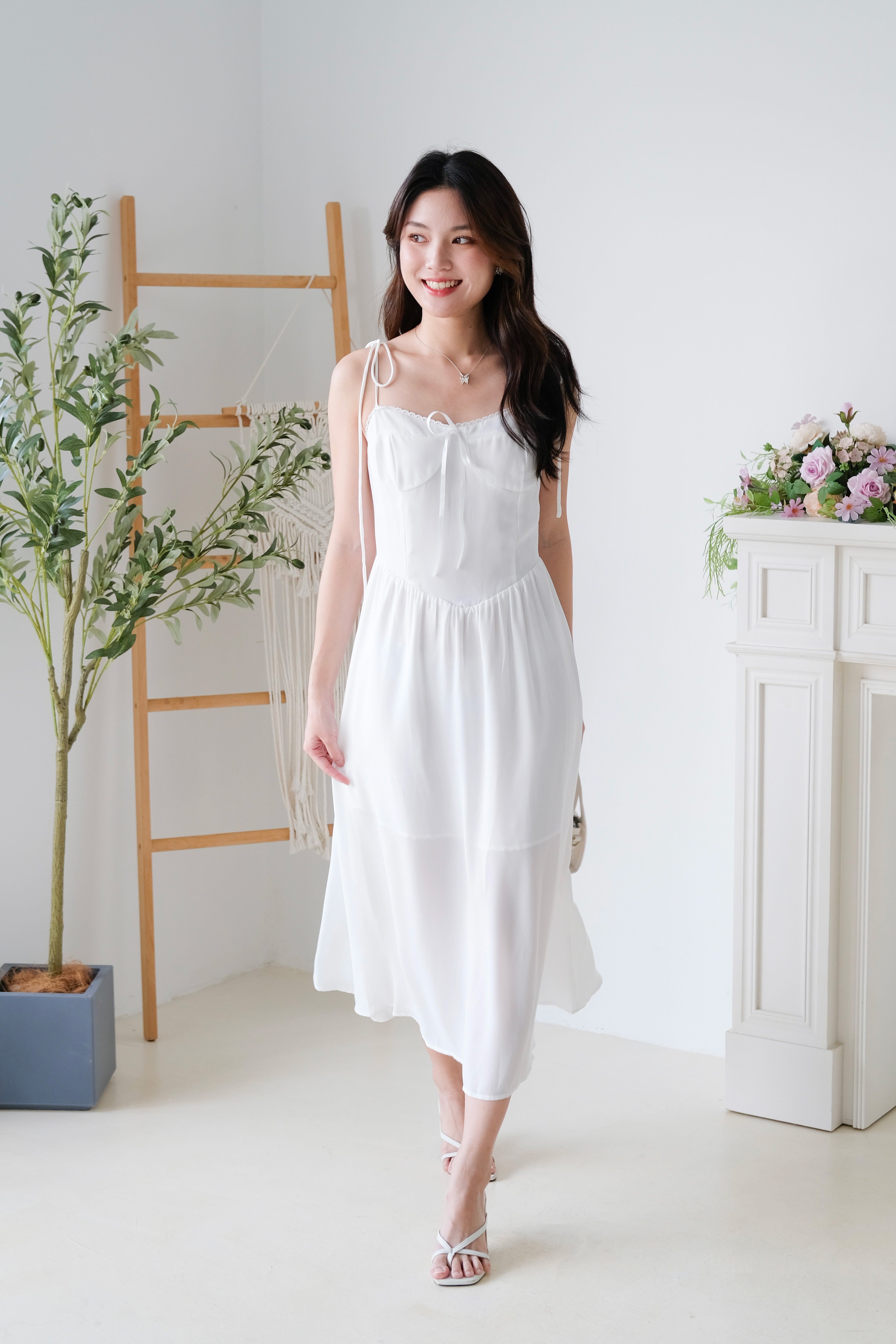 Rowena Coquette Midi Dress (White)
