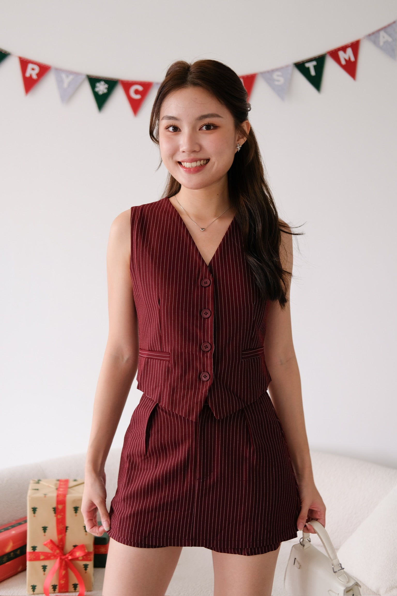 Monroe Pinstripe Vest Set (Maroon)