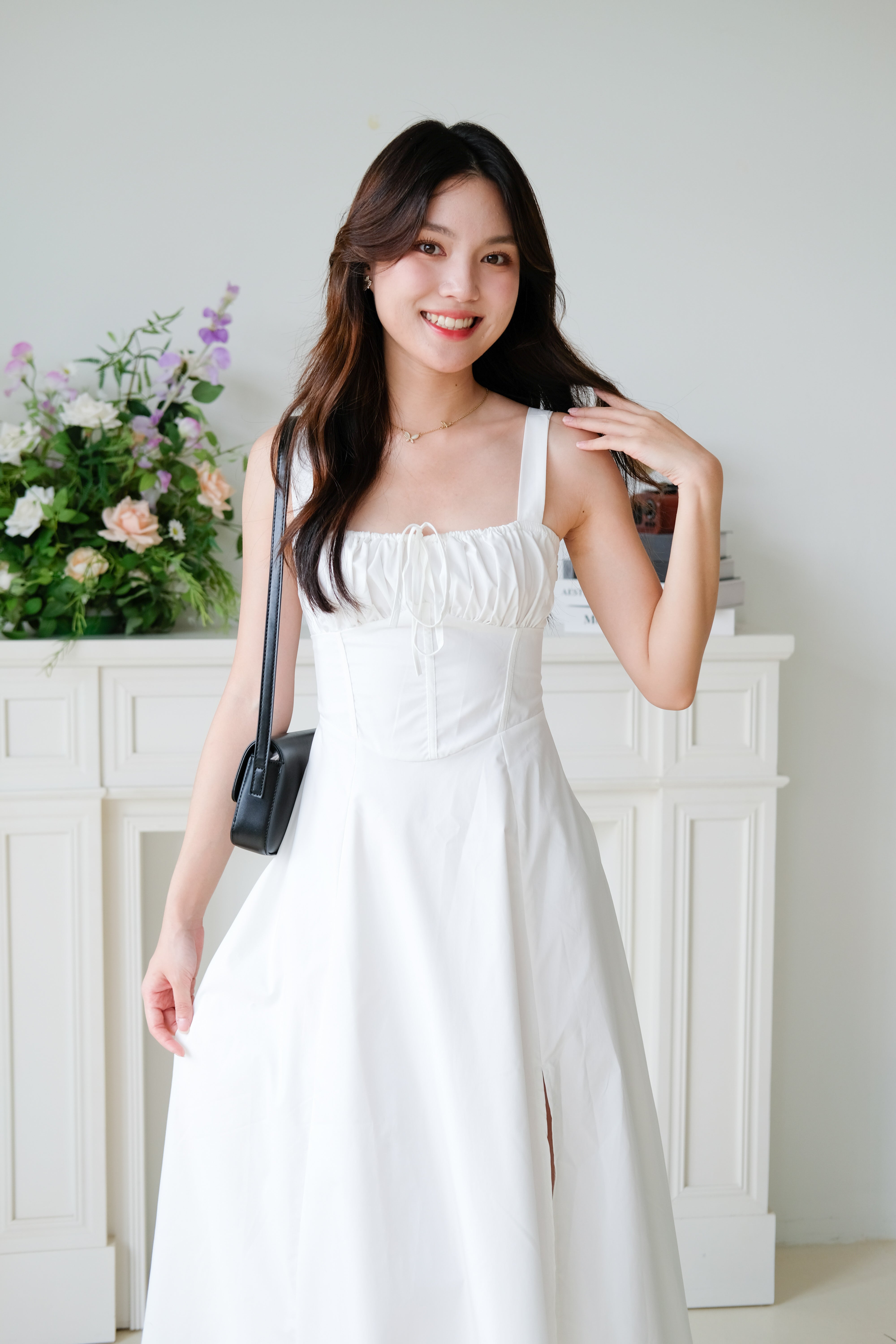 Claire Ruched Slit Maxi Dress (White)