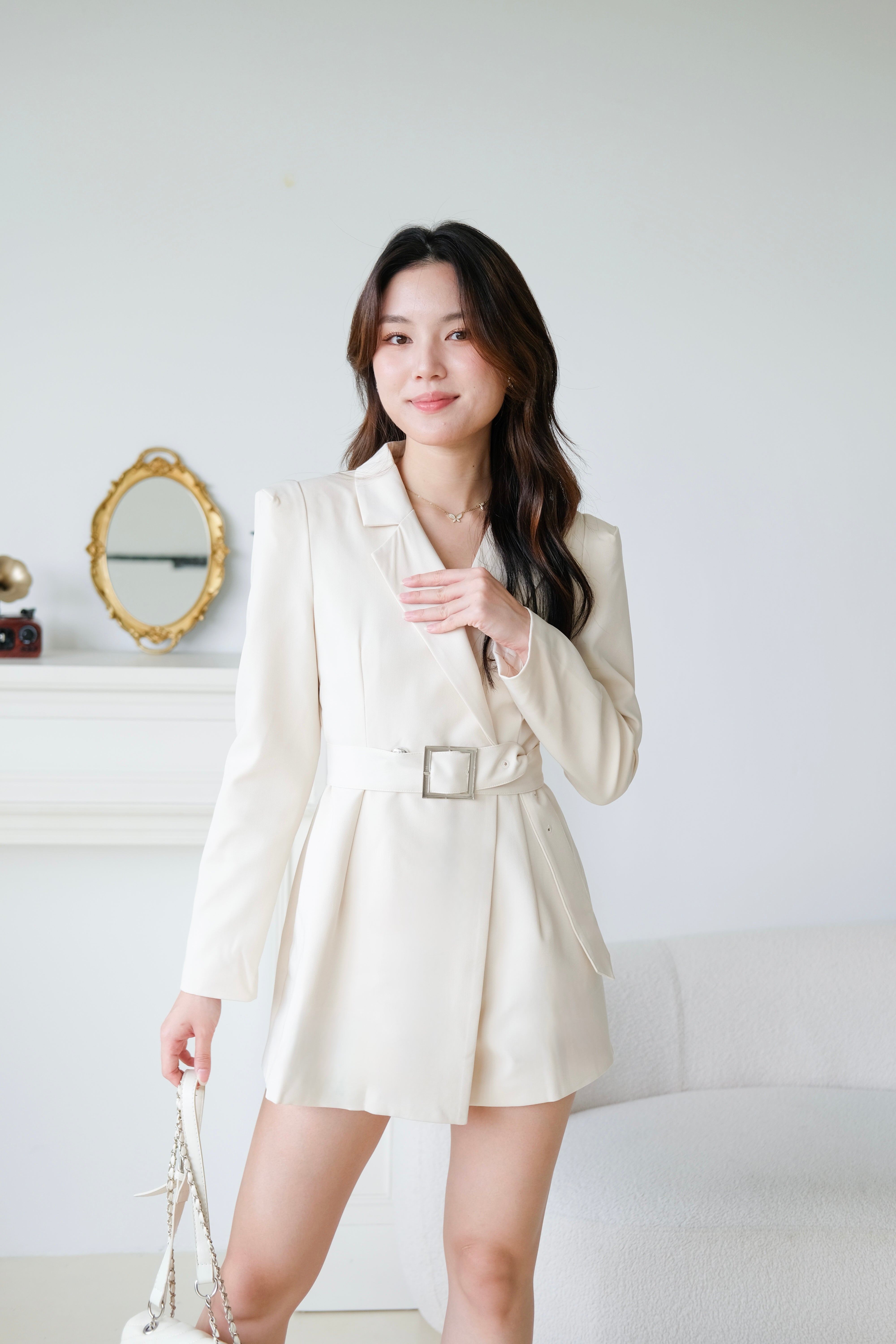 Quinn Blazer Belted Romper (Beige)