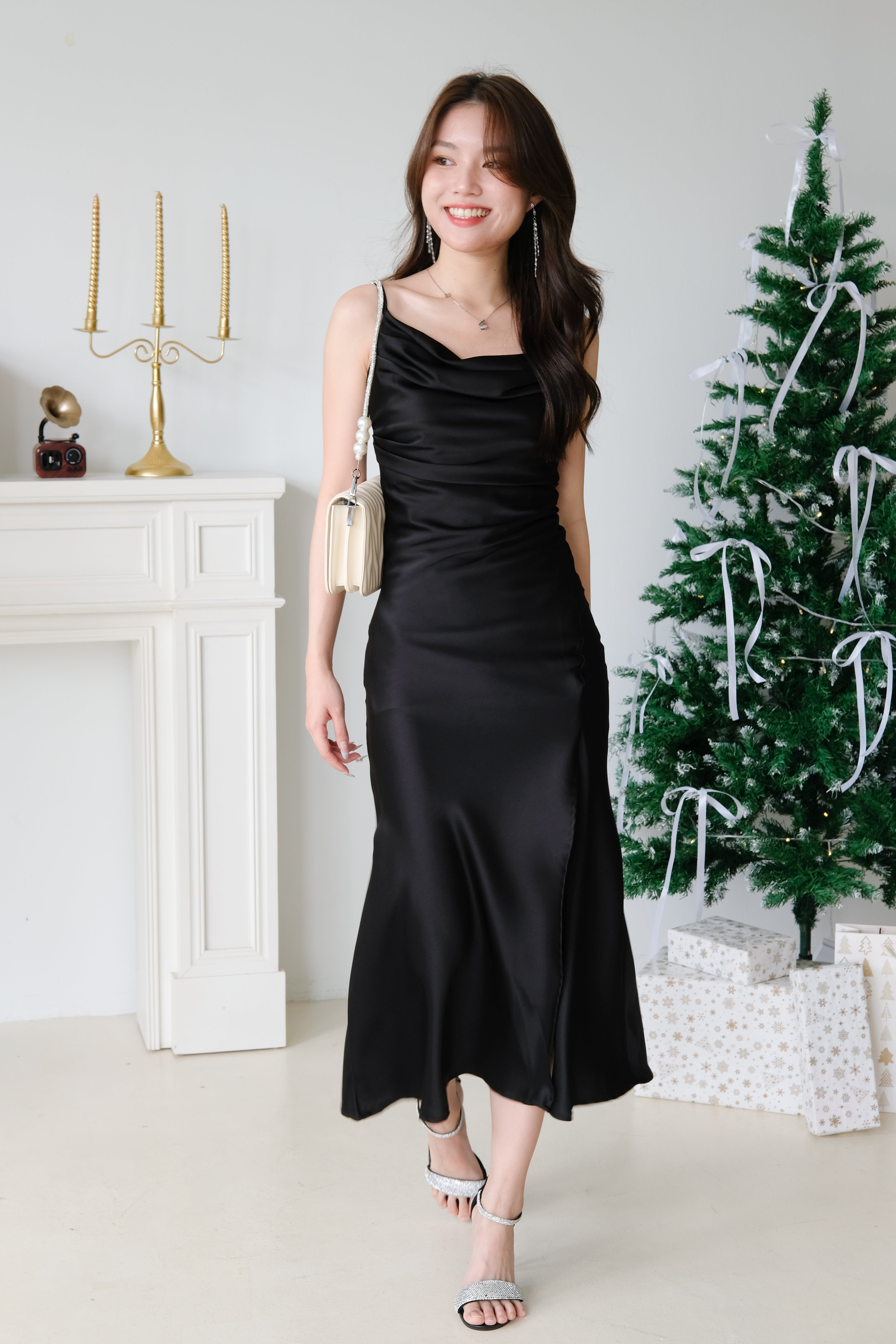 Angel Draped Mermaid Satin Midi Dress (Black)