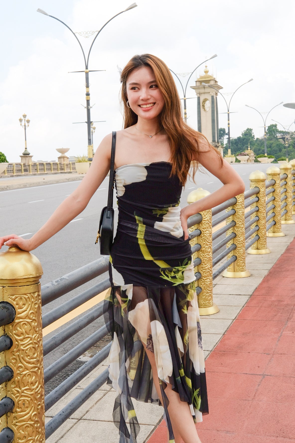 Rayla Floral Asymmetrical Tube Dress (Black)