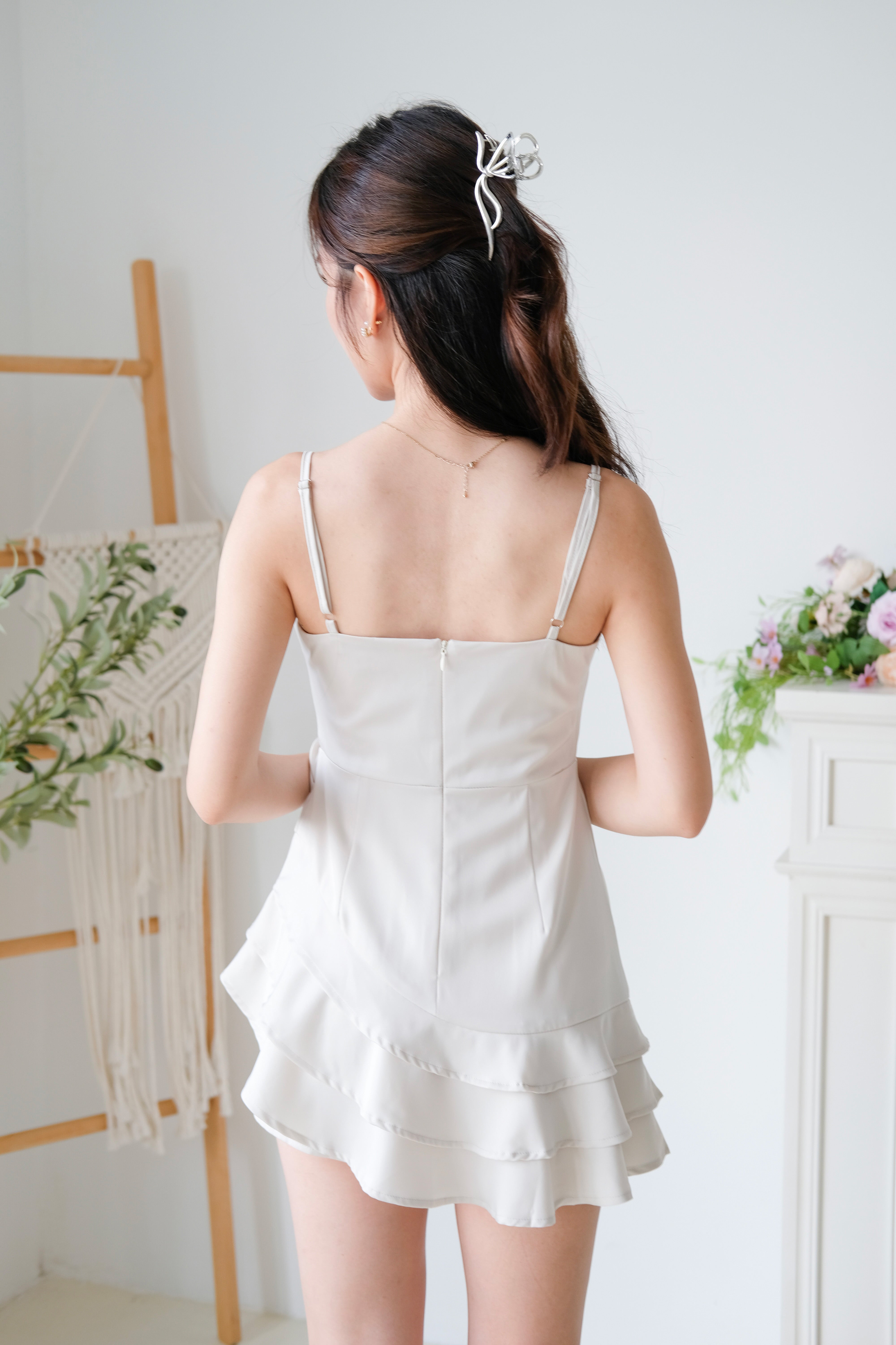 Dewy Satin Ruffle Dress (Champagne)