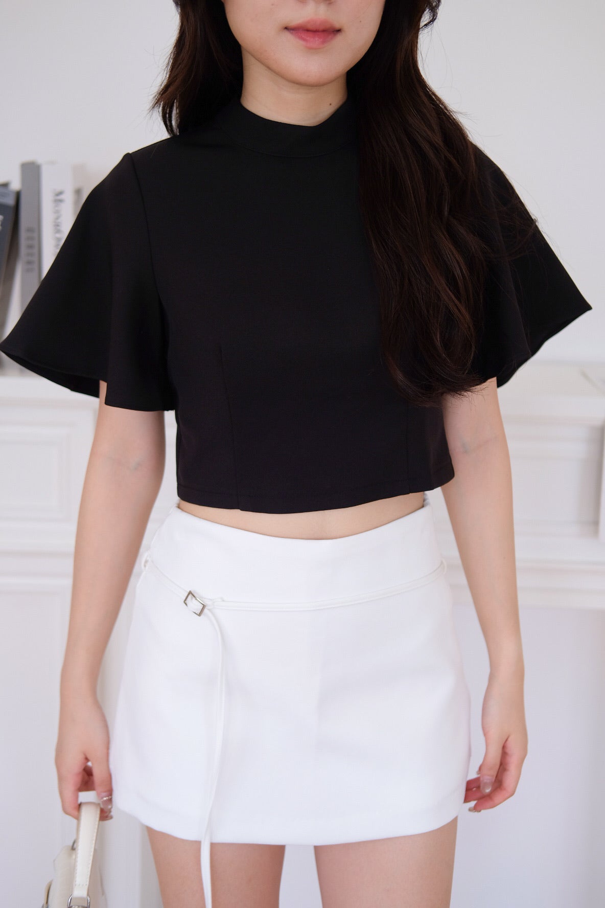 Veena Flutter Sleeves High Neck Top (Black)