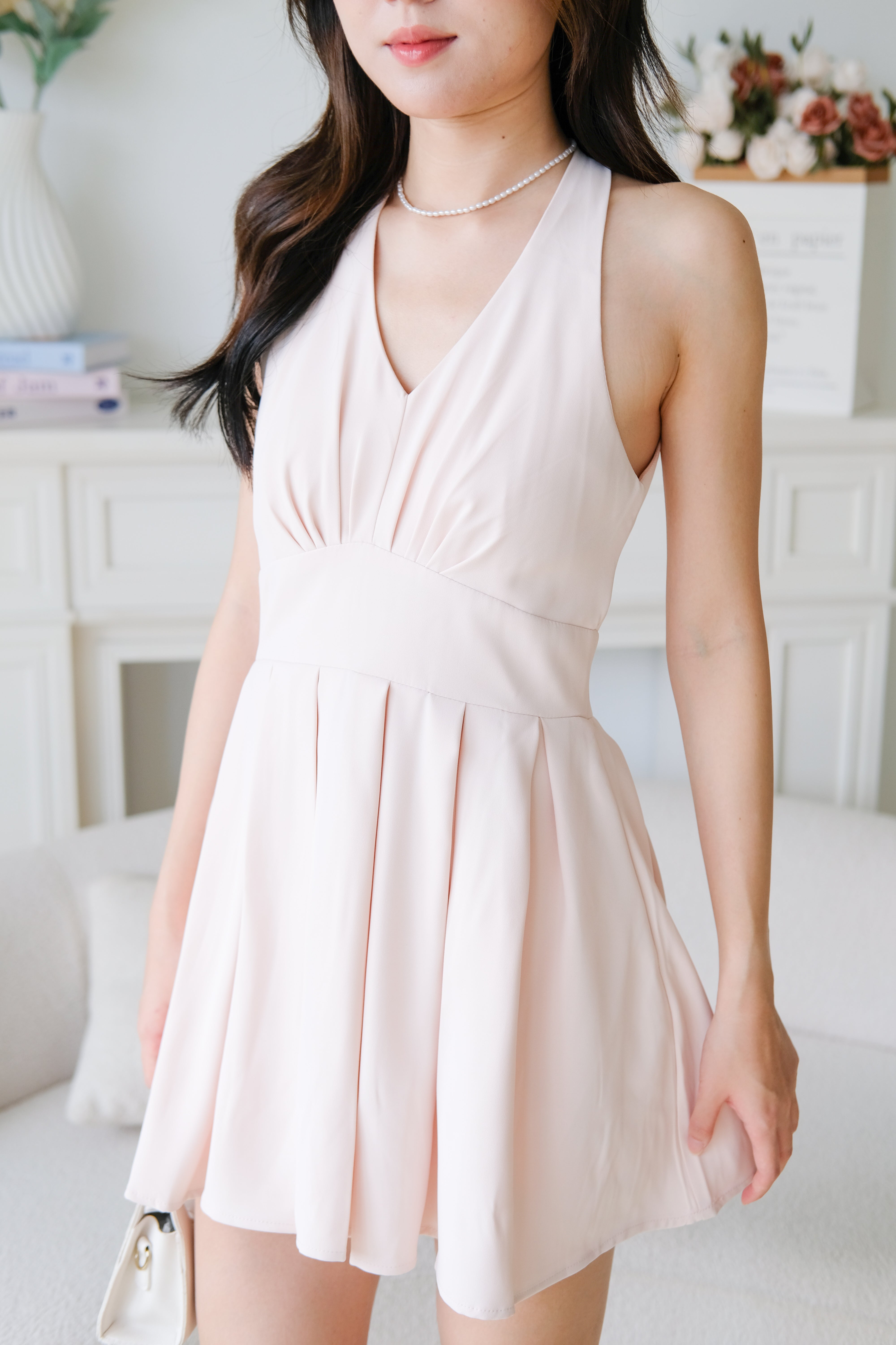 Moon Halter Pleat Dress (Baby Pink)