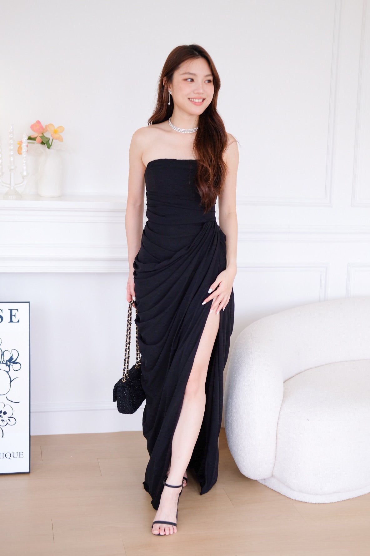 Seraphina Tube Corset Slit Maxi Dress (Black)